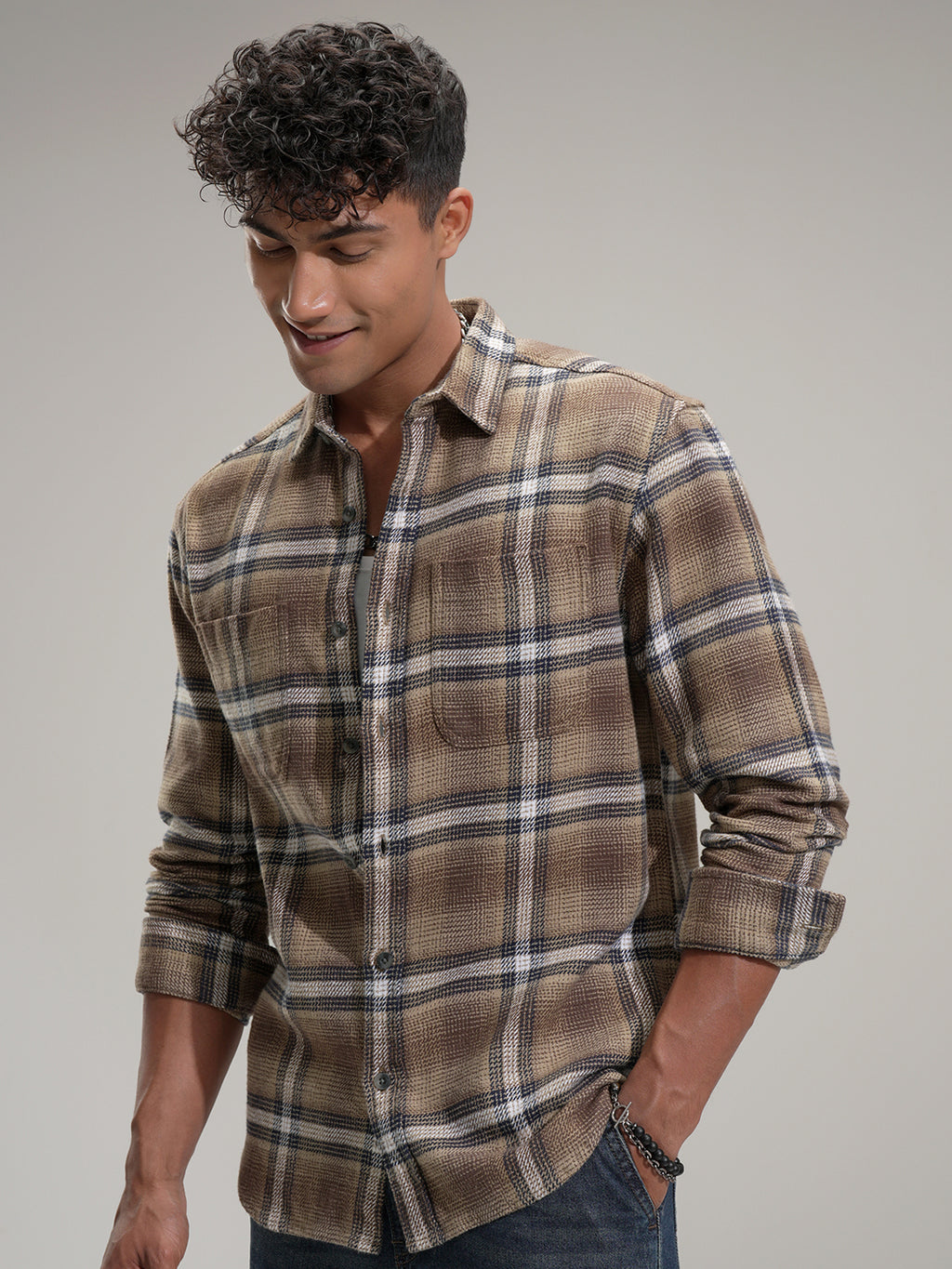 Highlander Men Beige Checked Relaxed Fit Casual Shirt - Beige - Image 4