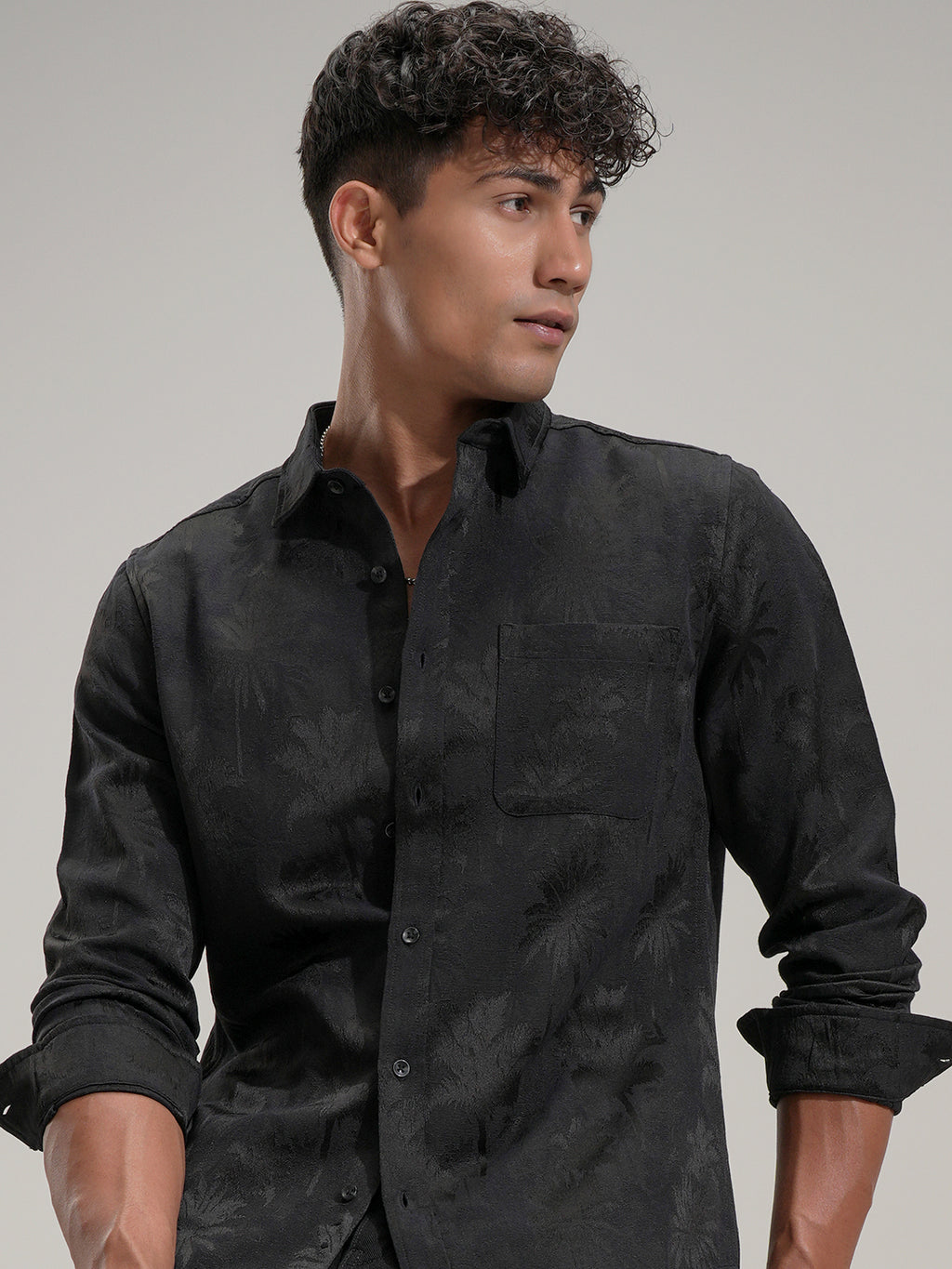 Highlander Men Black Self Design Slim Fit Casual Shirt - Black - Image 1
