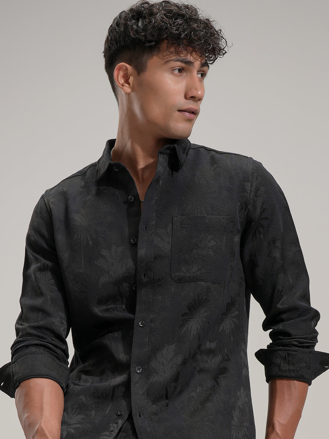 Highlander Men Black Self Design Slim Fit Casual Shirt - Black - Image 1