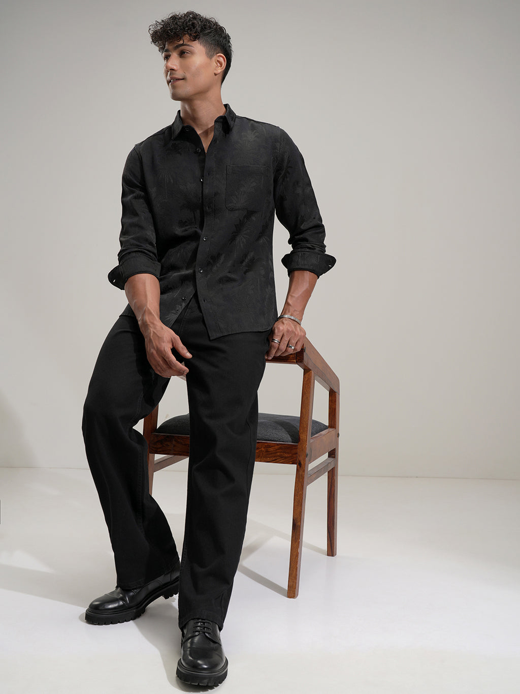 Highlander Men Black Self Design Slim Fit Casual Shirt - Black - Image 2