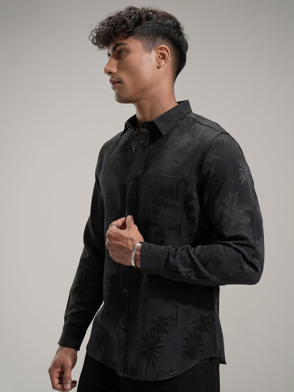 Highlander Men Black Self Design Slim Fit Casual Shirt - Black - Image 4