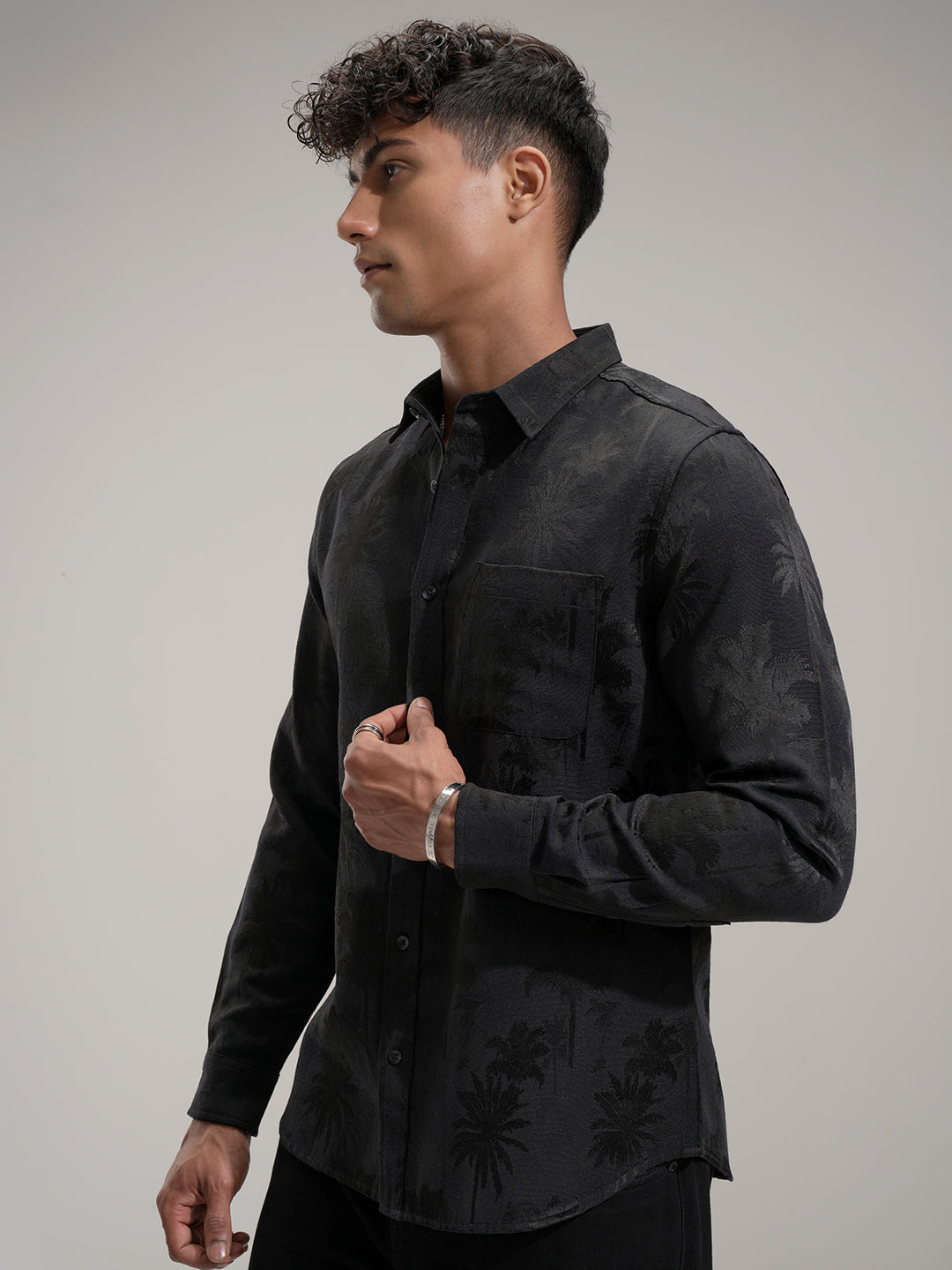 Highlander Men Black Self Design Slim Fit Casual Shirt - Black - Image 4