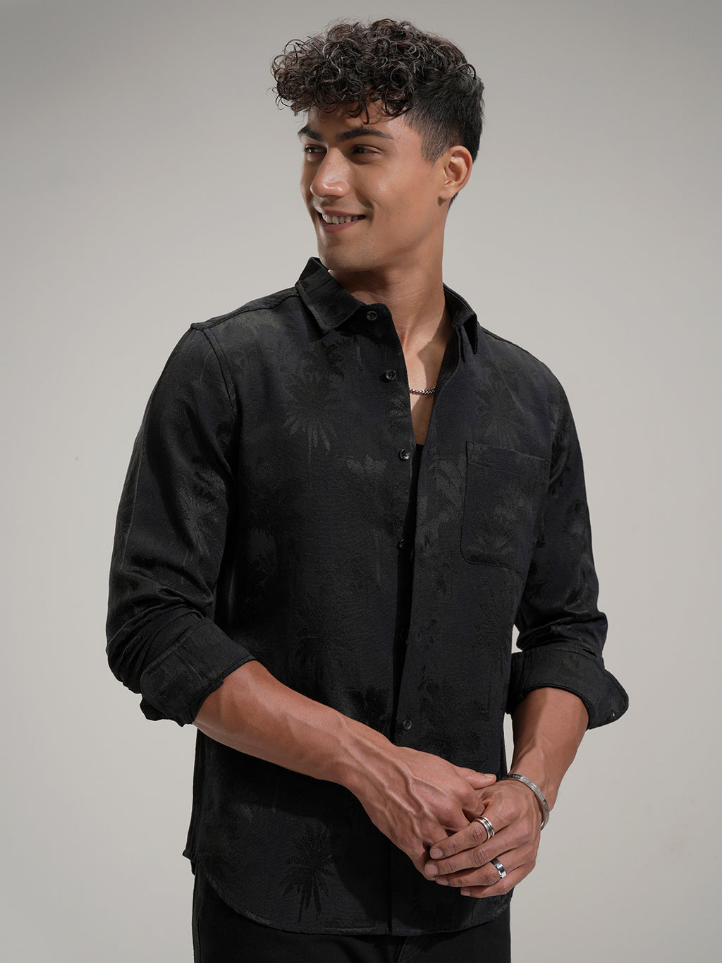 Highlander Men Black Self Design Slim Fit Casual Shirt - Black - Image 6
