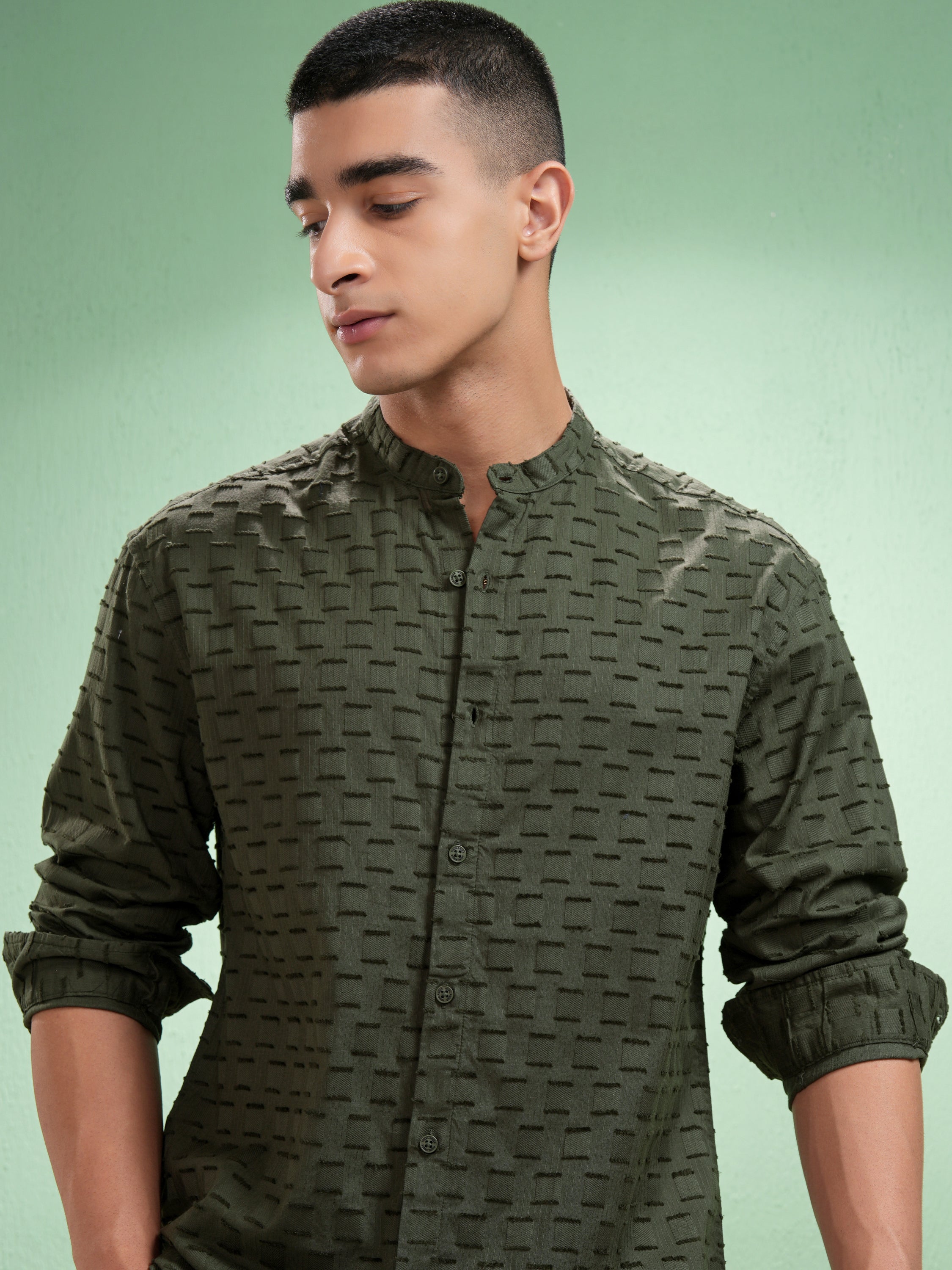 Highlander Men Olive Self Design Relaxed Fit Casual Shirt - Olive - Image 1