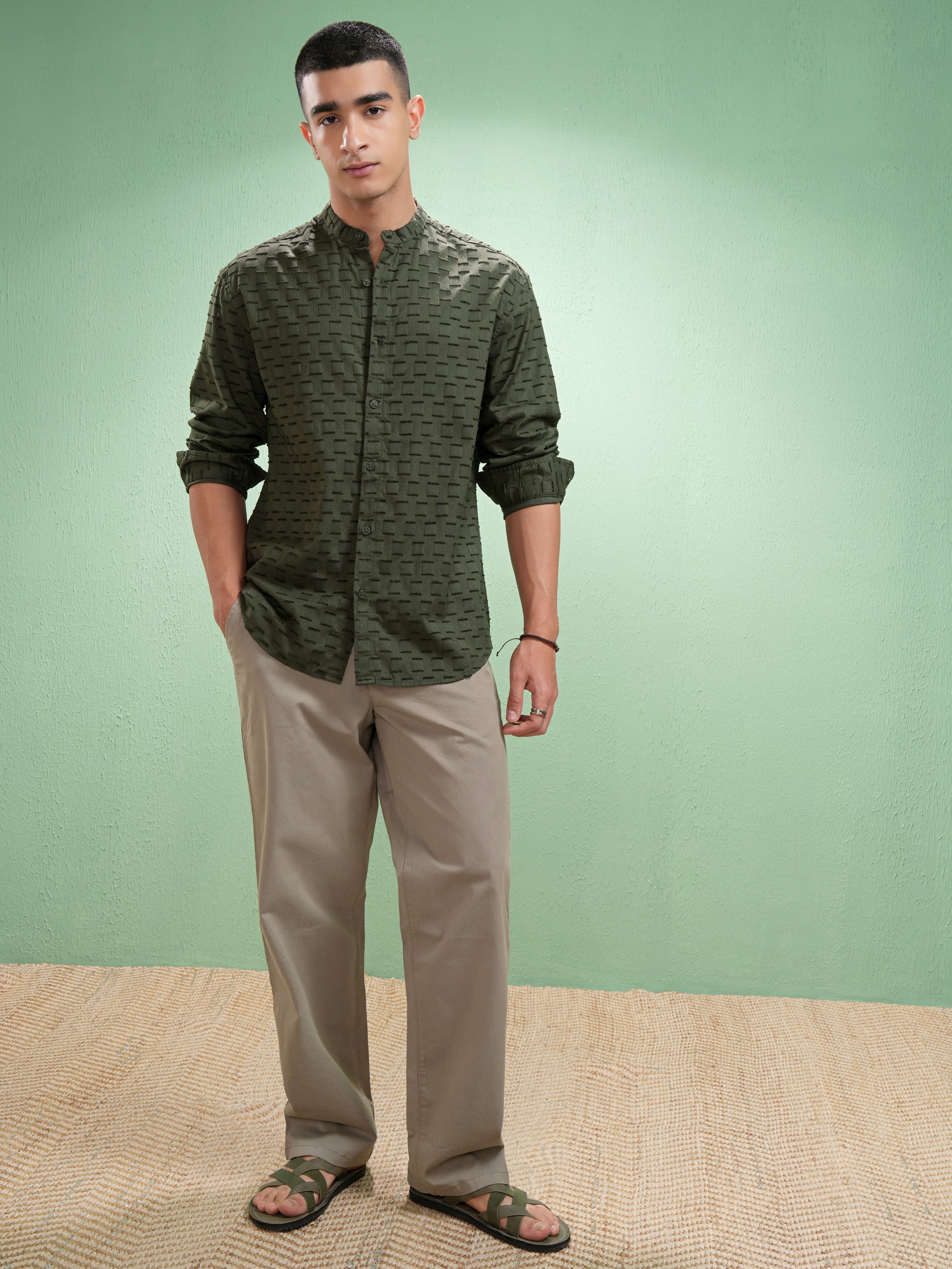 Highlander Men Olive Self Design Relaxed Fit Casual Shirt - Olive - Image 2