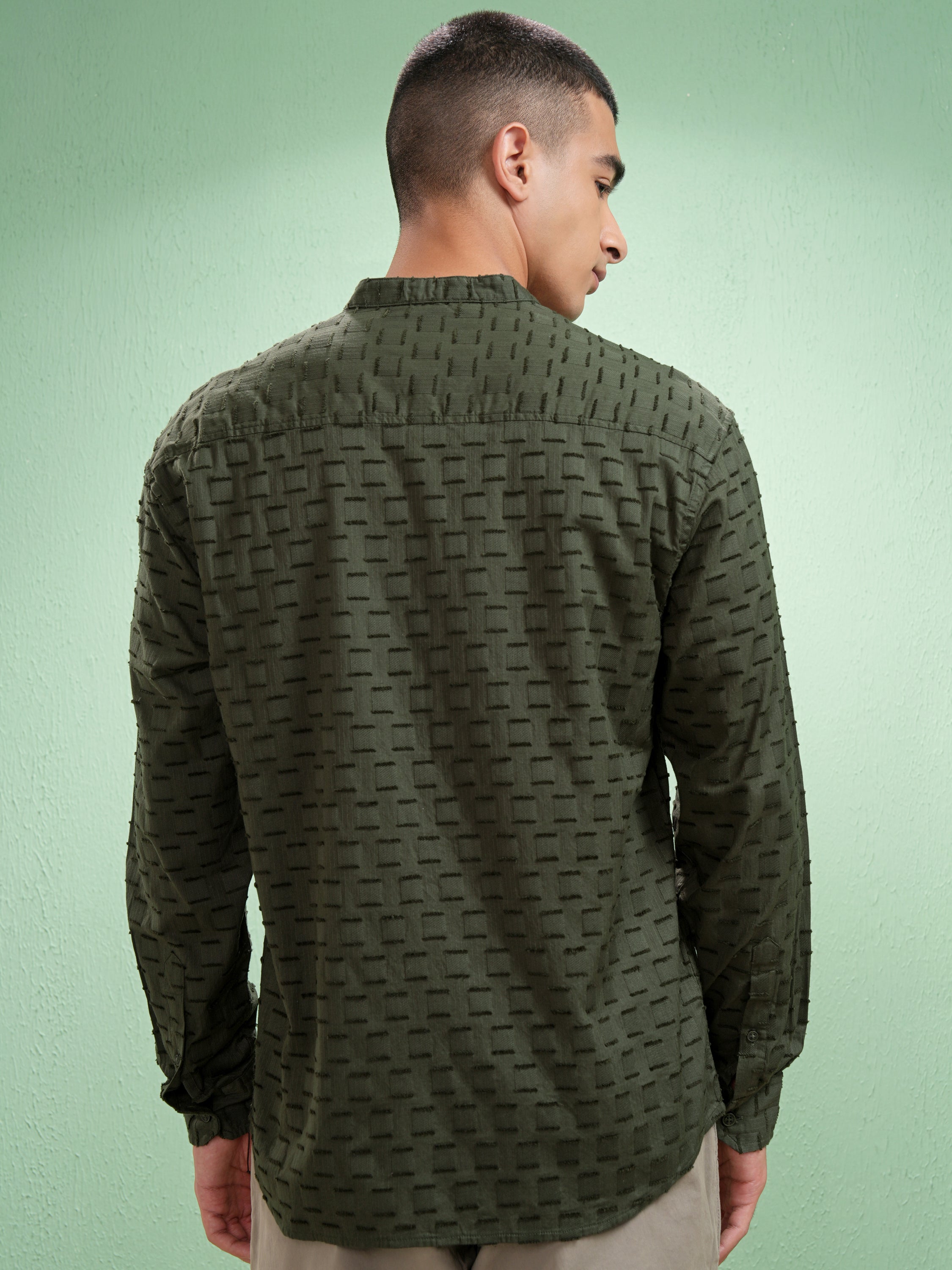 Highlander Men Olive Self Design Relaxed Fit Casual Shirt - Olive - Image 3
