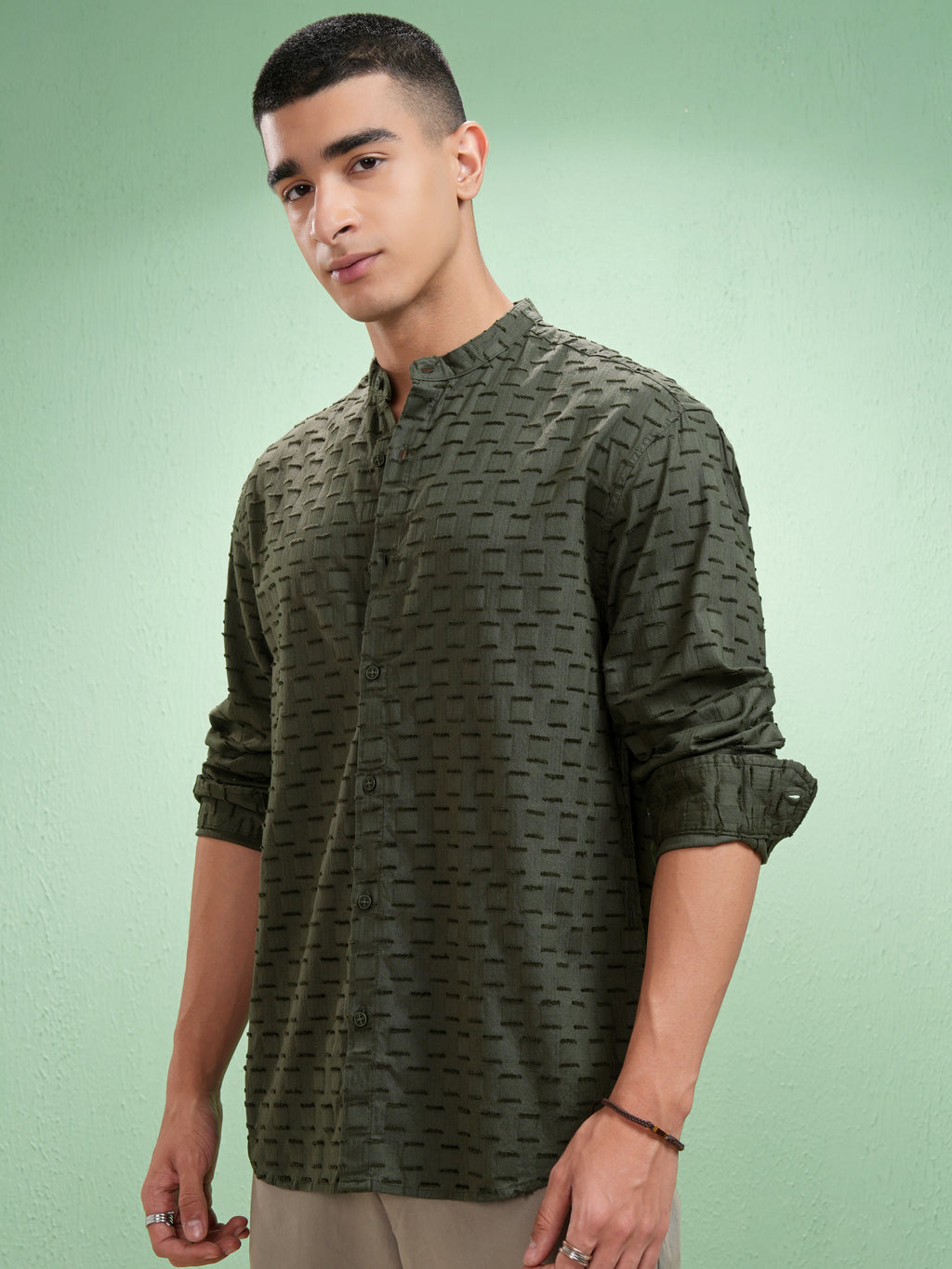 Highlander Men Olive Self Design Relaxed Fit Casual Shirt - Olive - Image 4