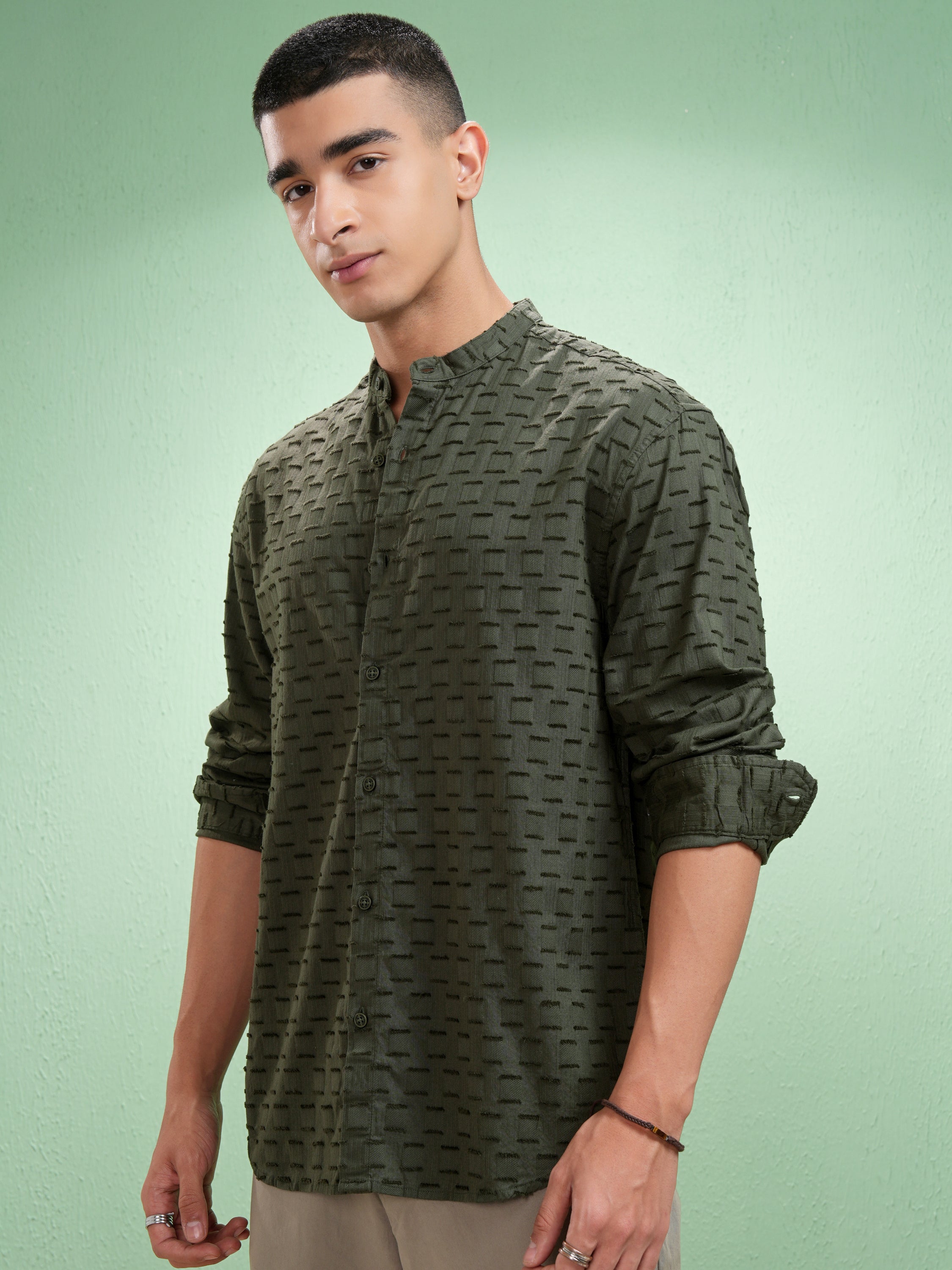 Highlander Men Olive Self Design Relaxed Fit Casual Shirt - Olive - Image 4