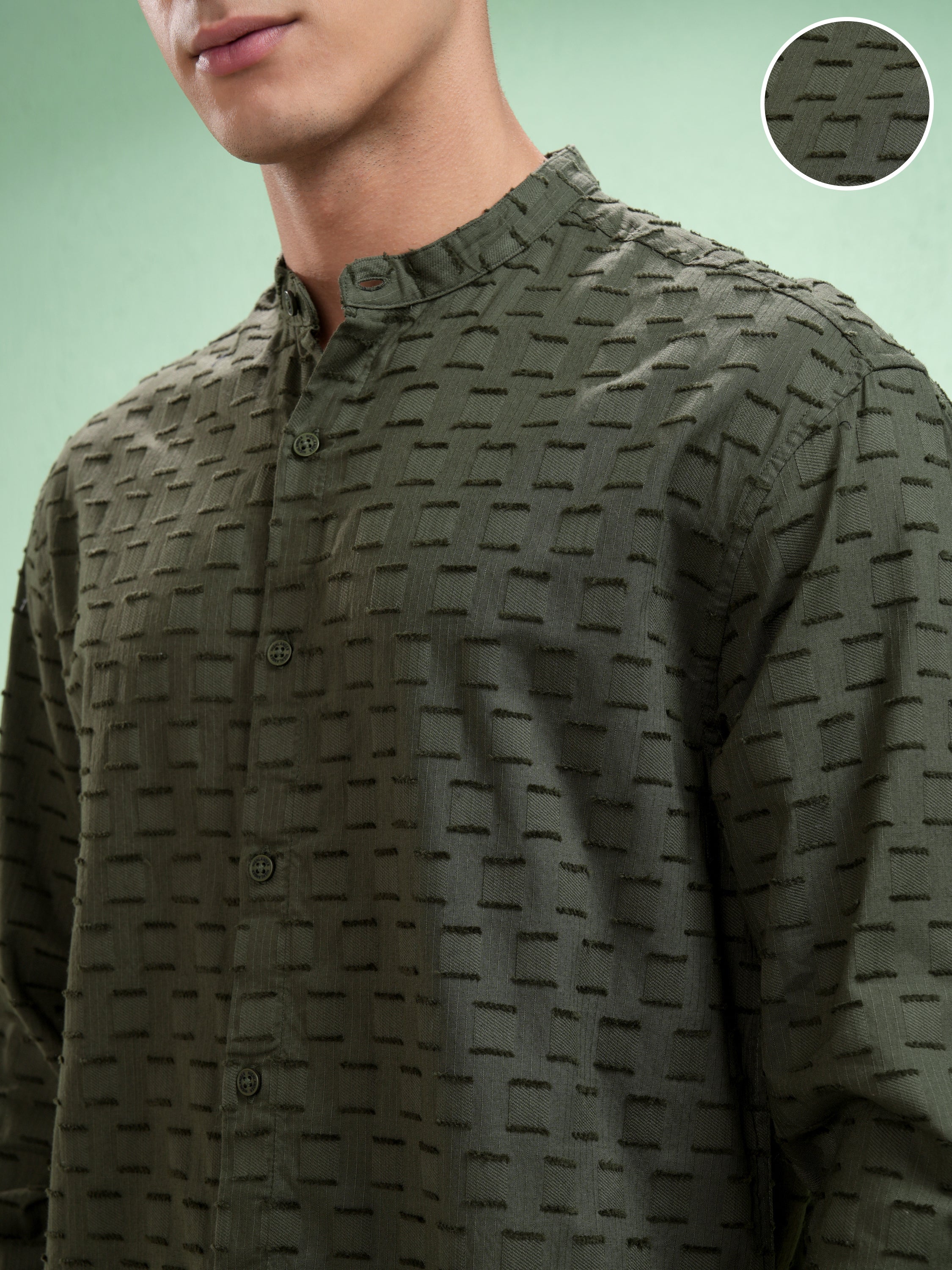 Highlander Men Olive Self Design Relaxed Fit Casual Shirt - Olive - Image 5