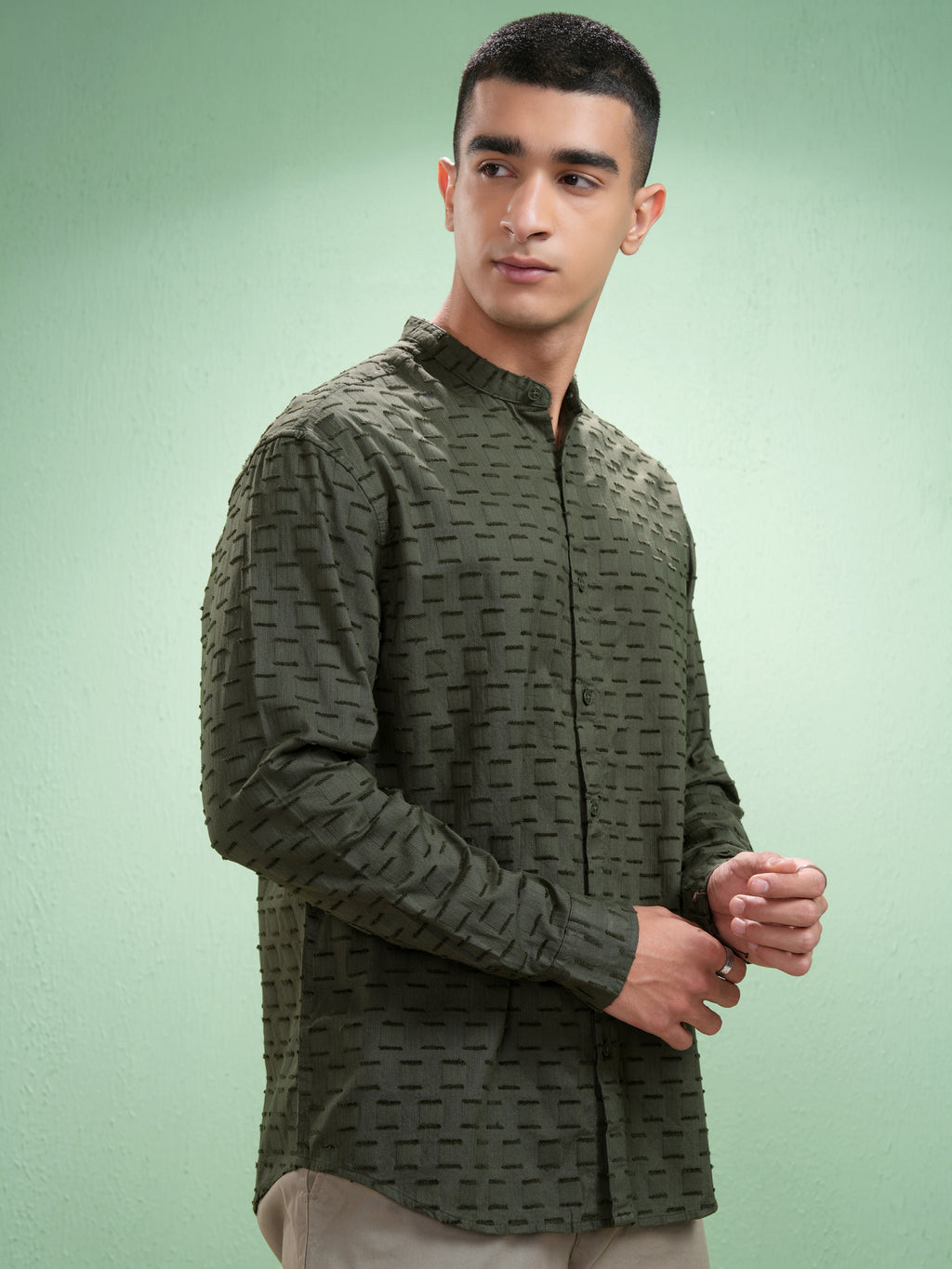 Highlander Men Olive Self Design Relaxed Fit Casual Shirt - Olive - Image 6