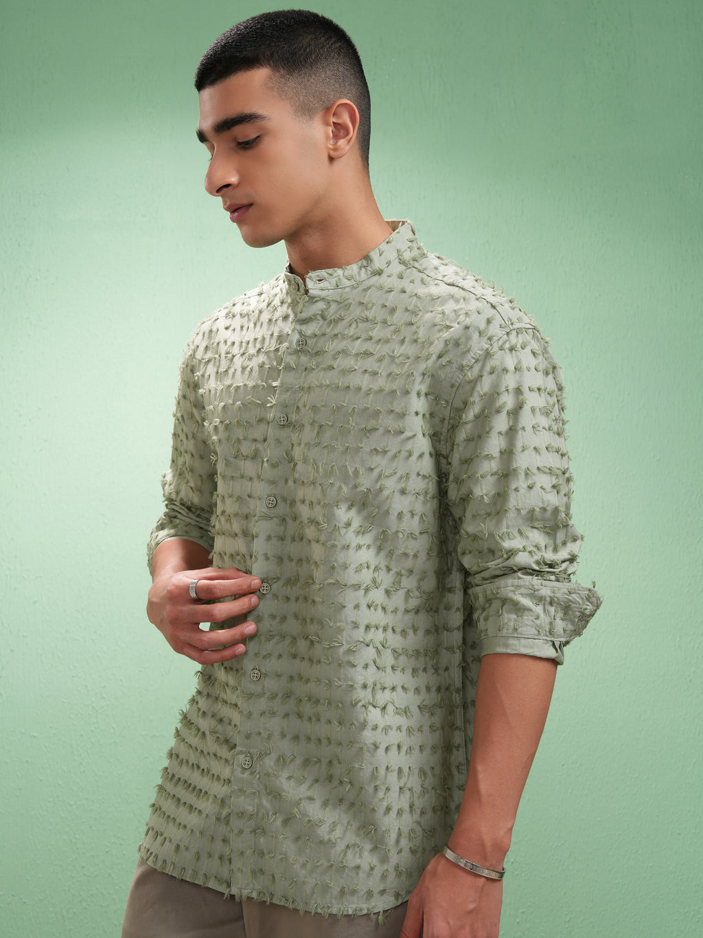 Highlander Men Green Self Design Relaxed Fit Casual Shirt - Green - Image 4