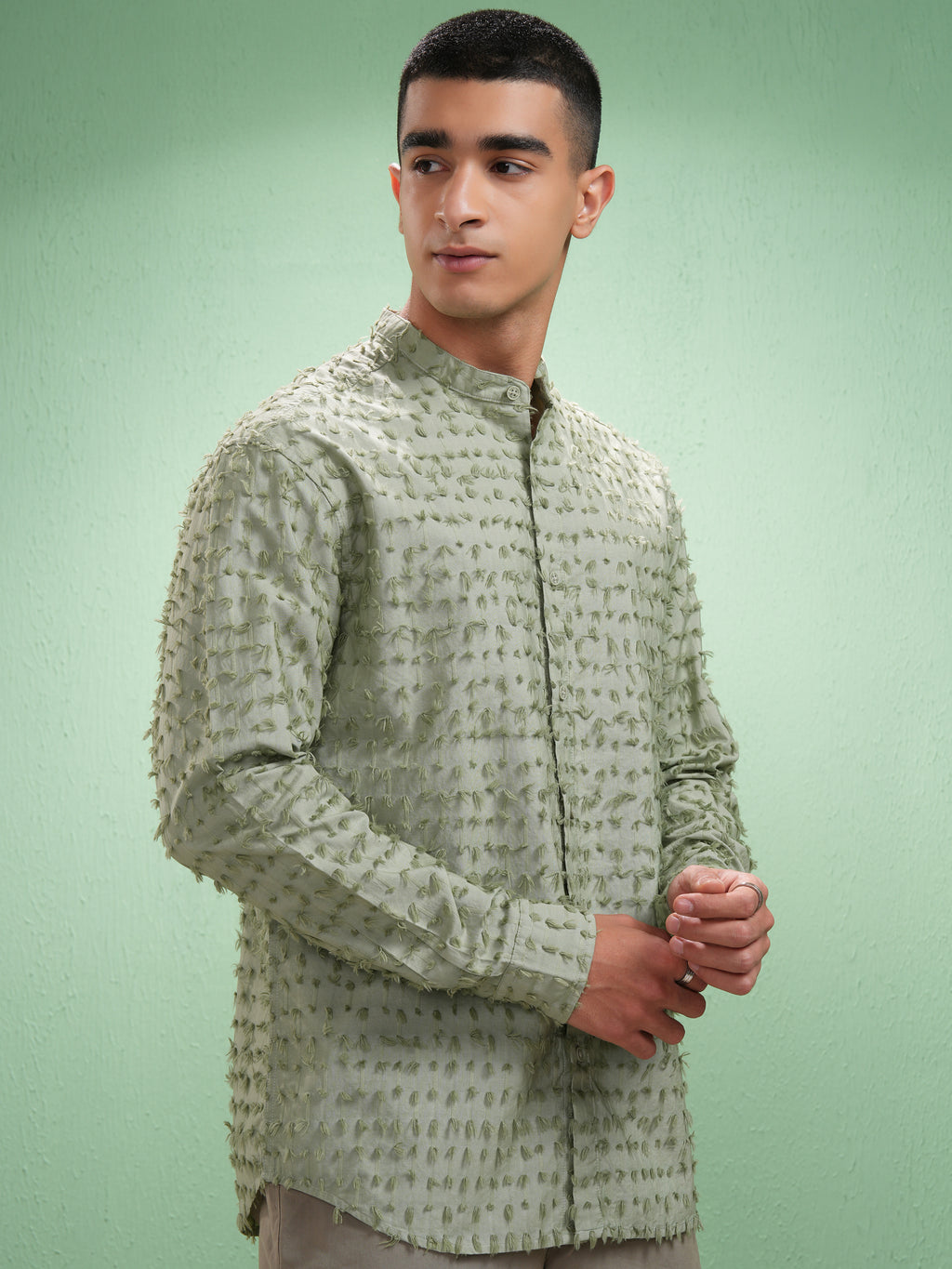 Highlander Men Green Self Design Relaxed Fit Casual Shirt - Green - Image 6