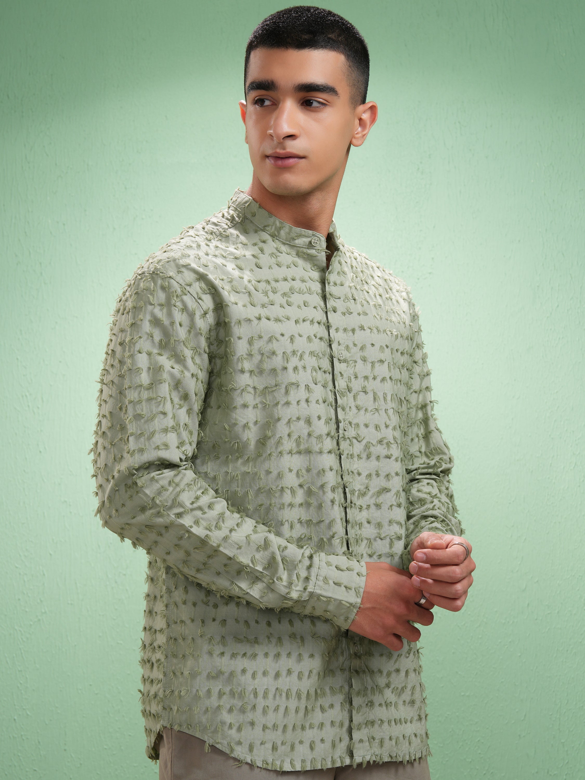 Highlander Men Green Self Design Relaxed Fit Casual Shirt - Green - Image 6