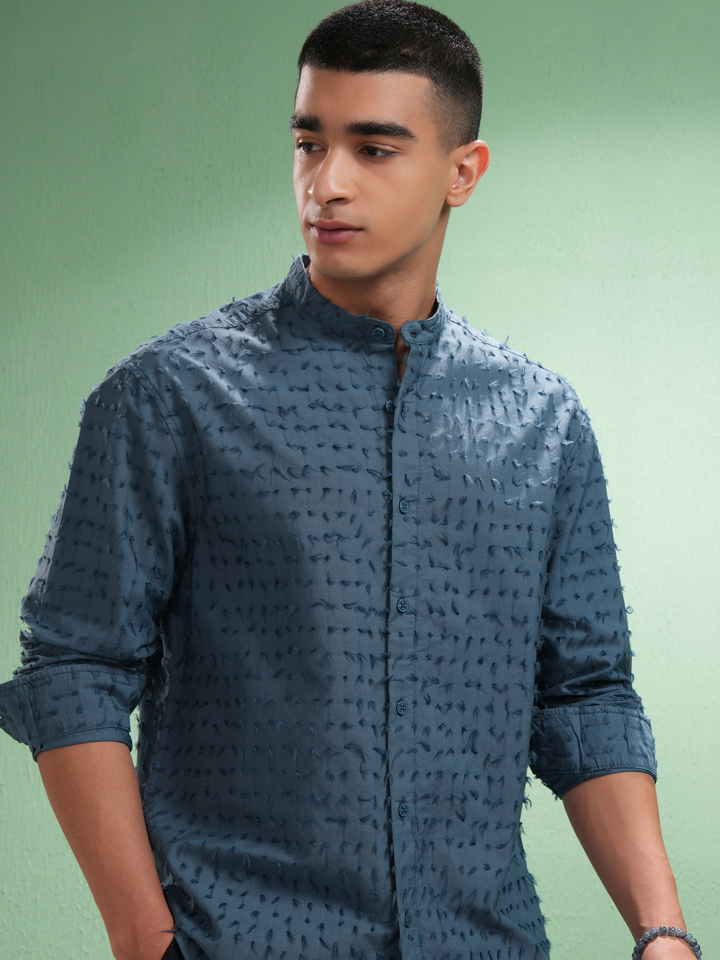 Highlander Men Blue Textured Relaxed Fit Casual Shirt - Blue - Image 1
