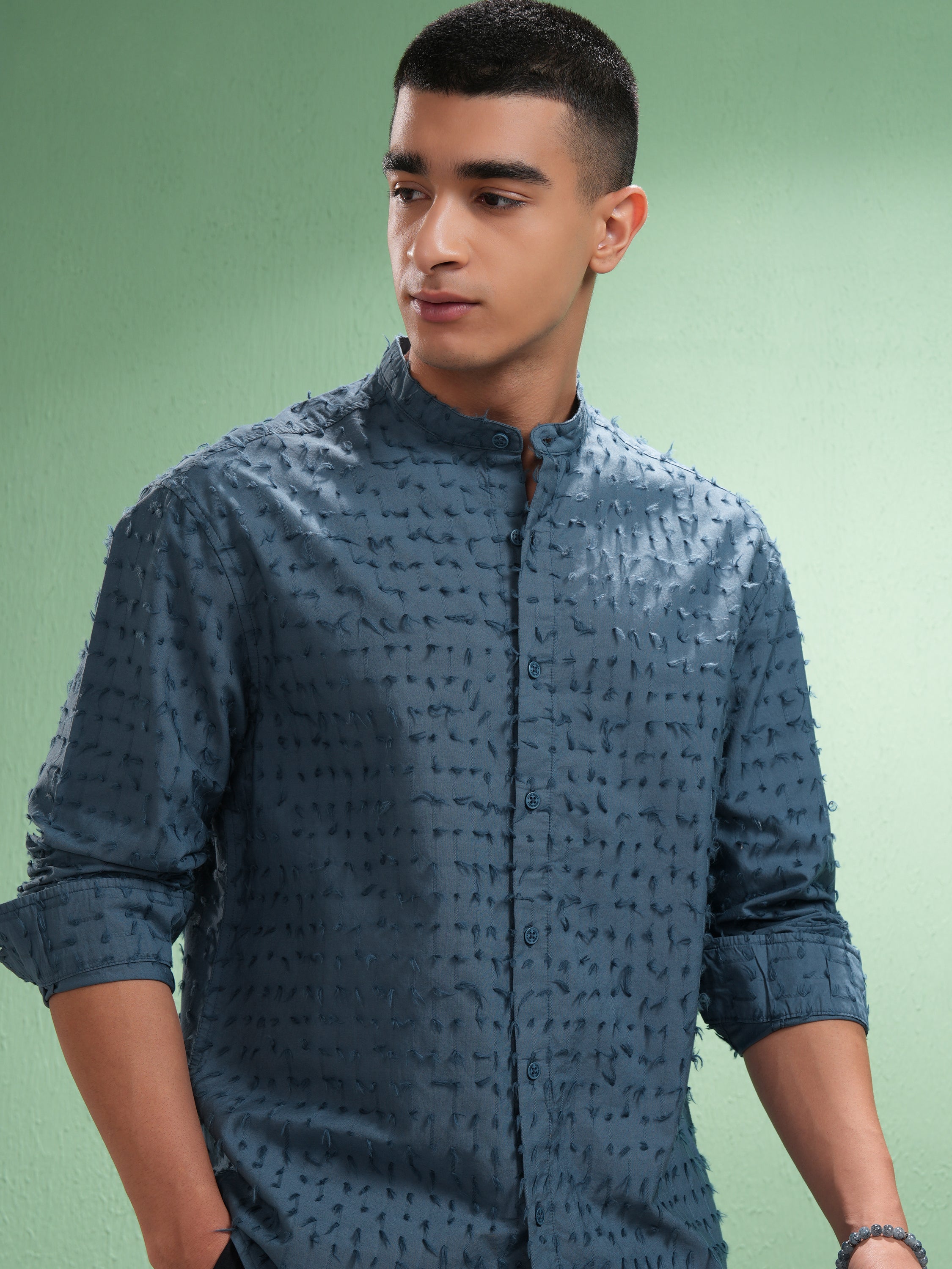 Highlander Men Blue Textured Relaxed Fit Casual Shirt - Blue - Image 1