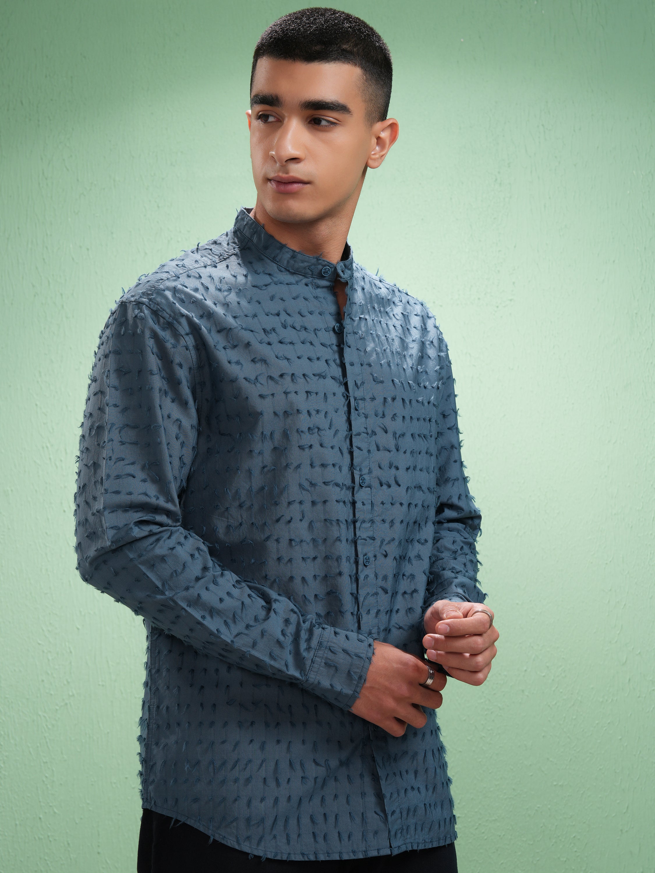 Highlander Men Blue Textured Relaxed Fit Casual Shirt - Blue - Image 6