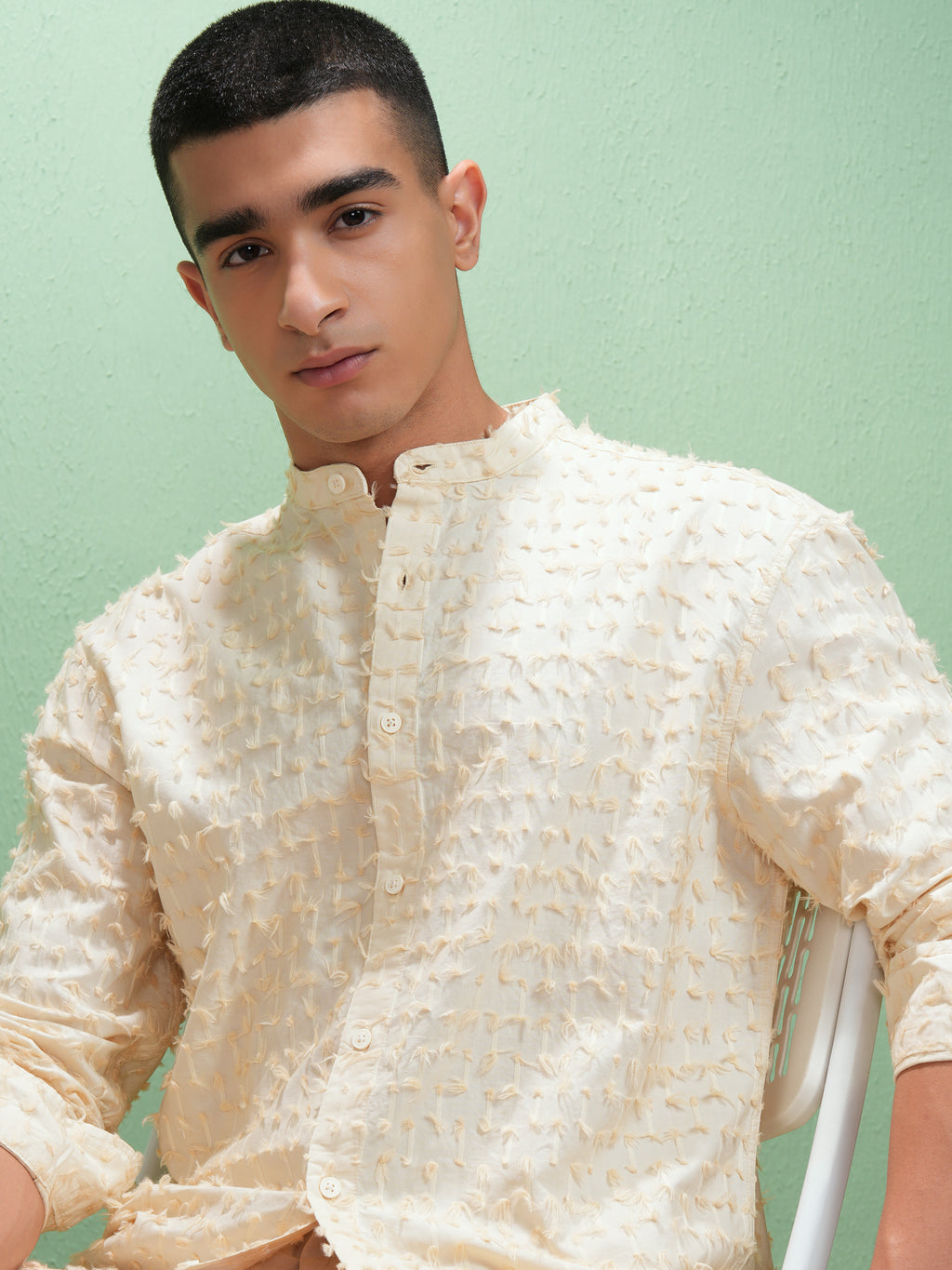 Highlander Men Cream Textured Relaxed Fit Casual Shirt - Cream - Image 1