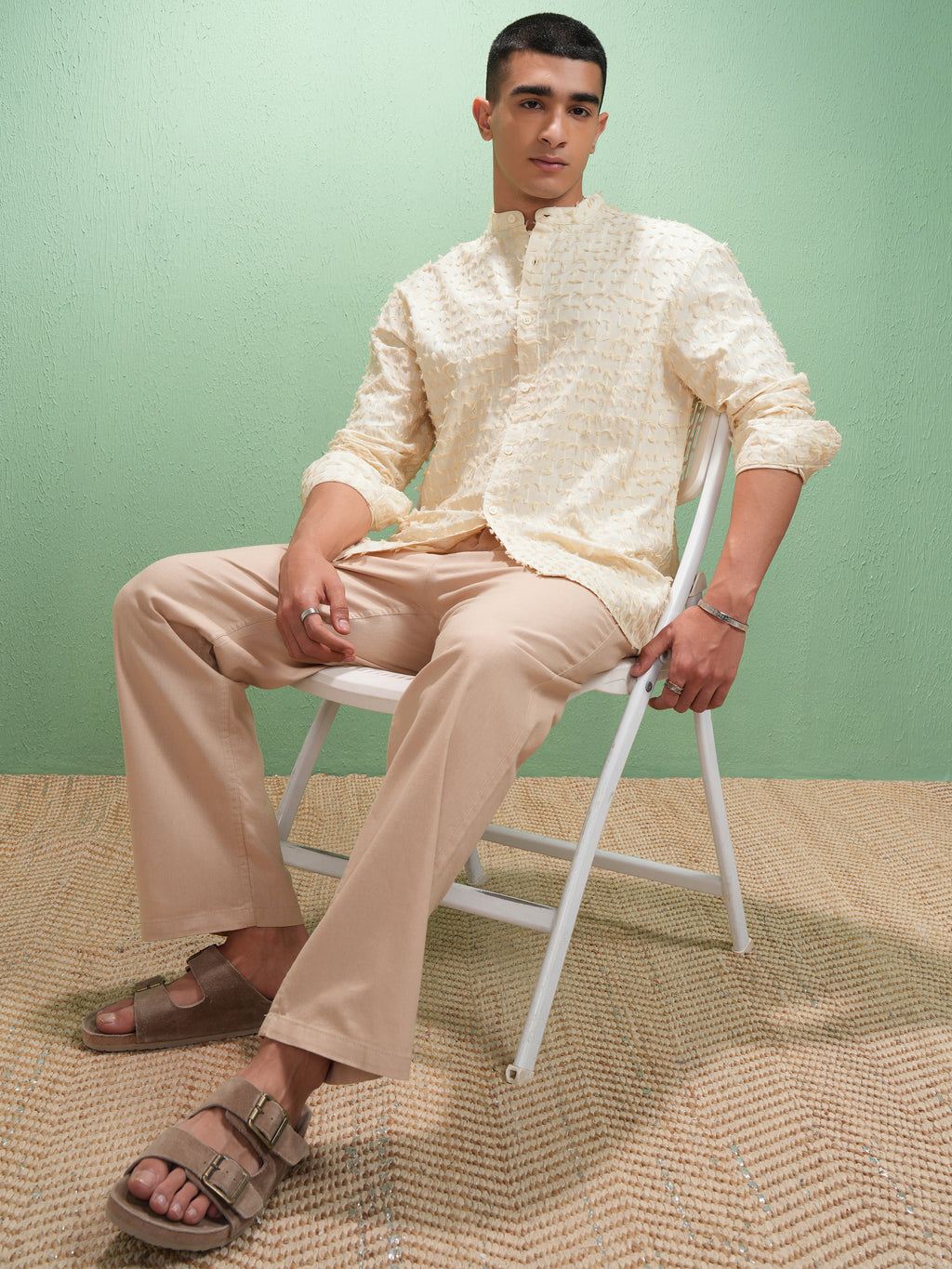 Highlander Men Cream Textured Relaxed Fit Casual Shirt - Cream - Image 2