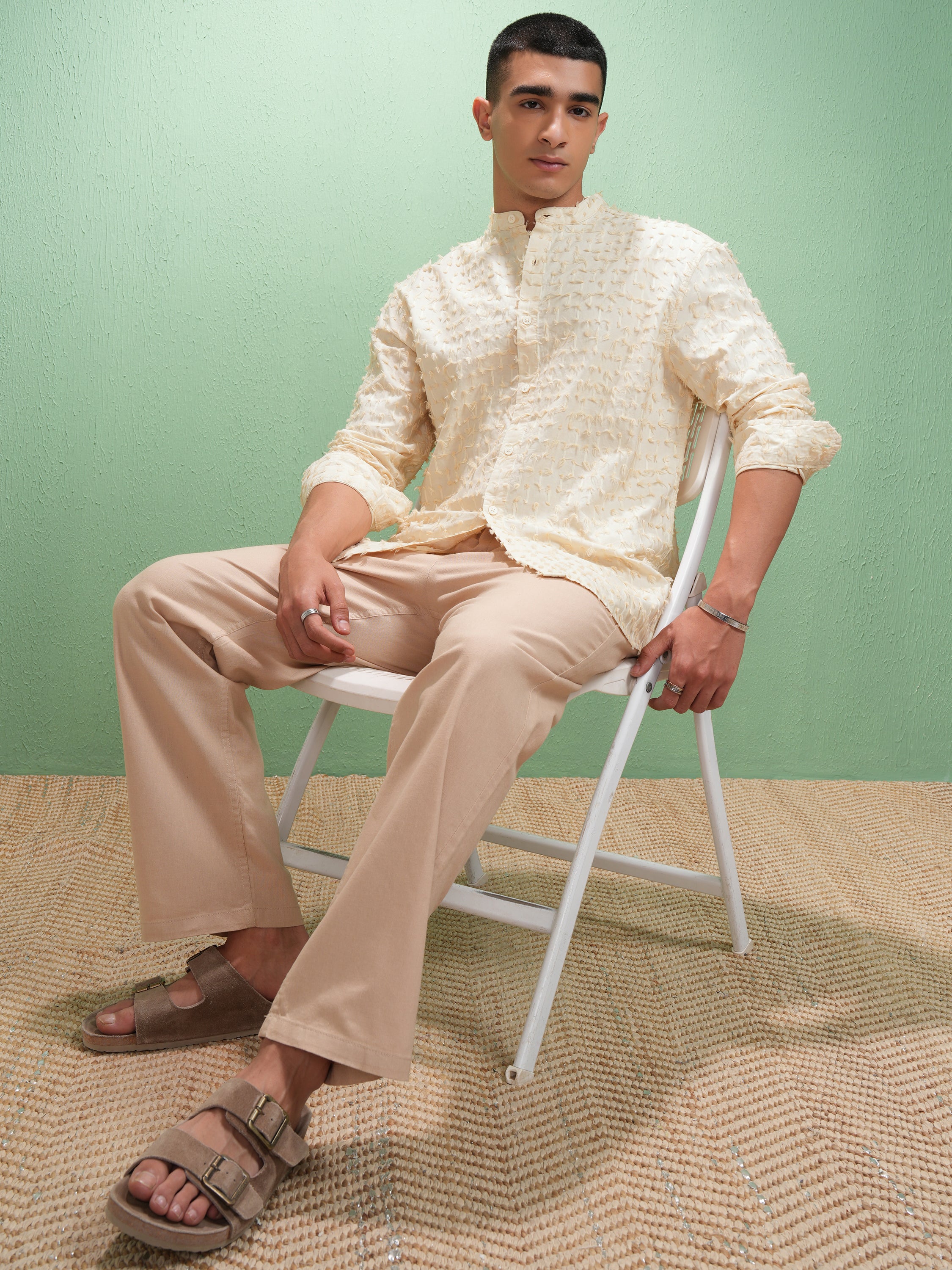 Highlander Men Cream Textured Relaxed Fit Casual Shirt - Cream - Image 2
