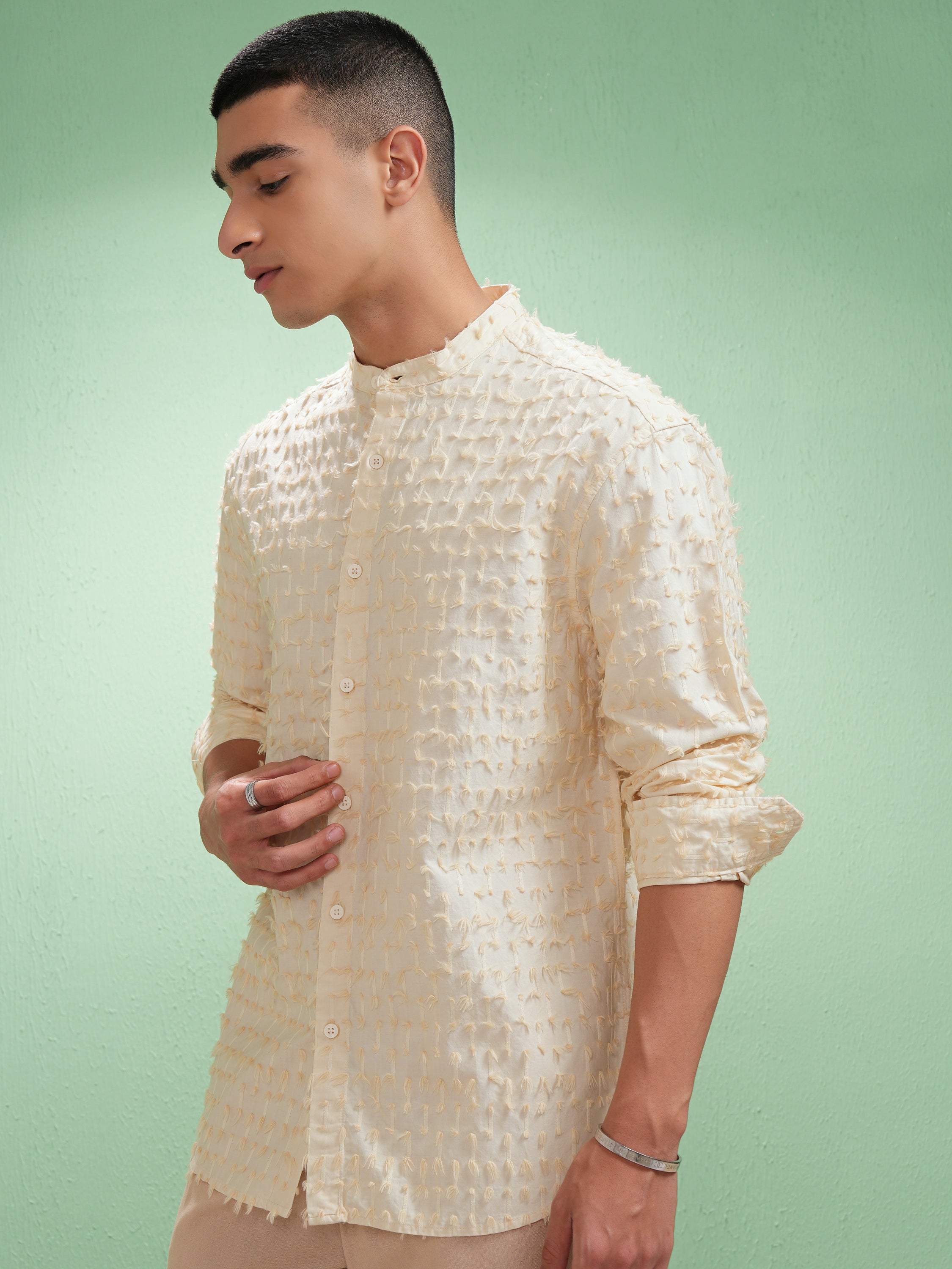 Highlander Men Cream Textured Relaxed Fit Casual Shirt - Cream - Image 4