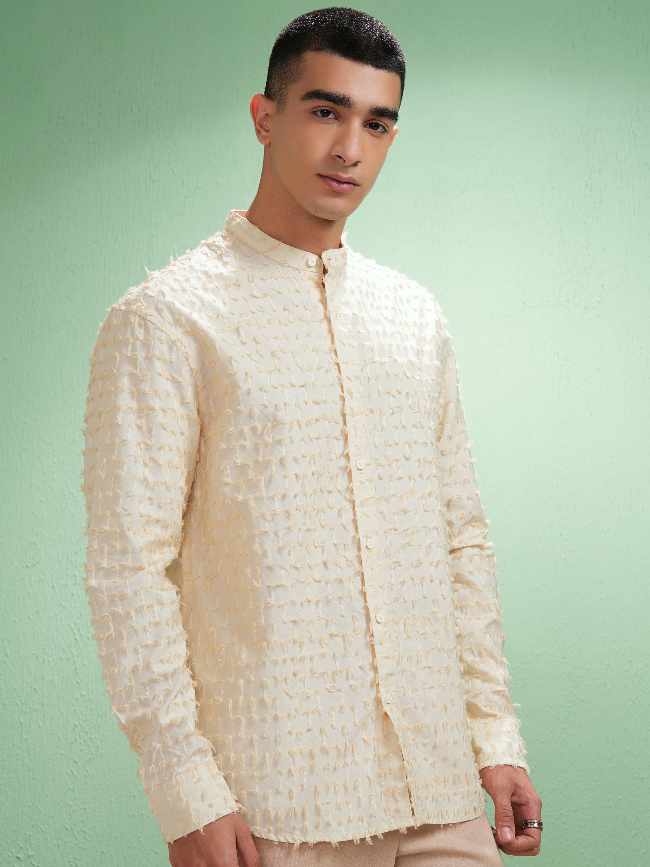 Highlander Men Cream Textured Relaxed Fit Casual Shirt - Cream - Image 6