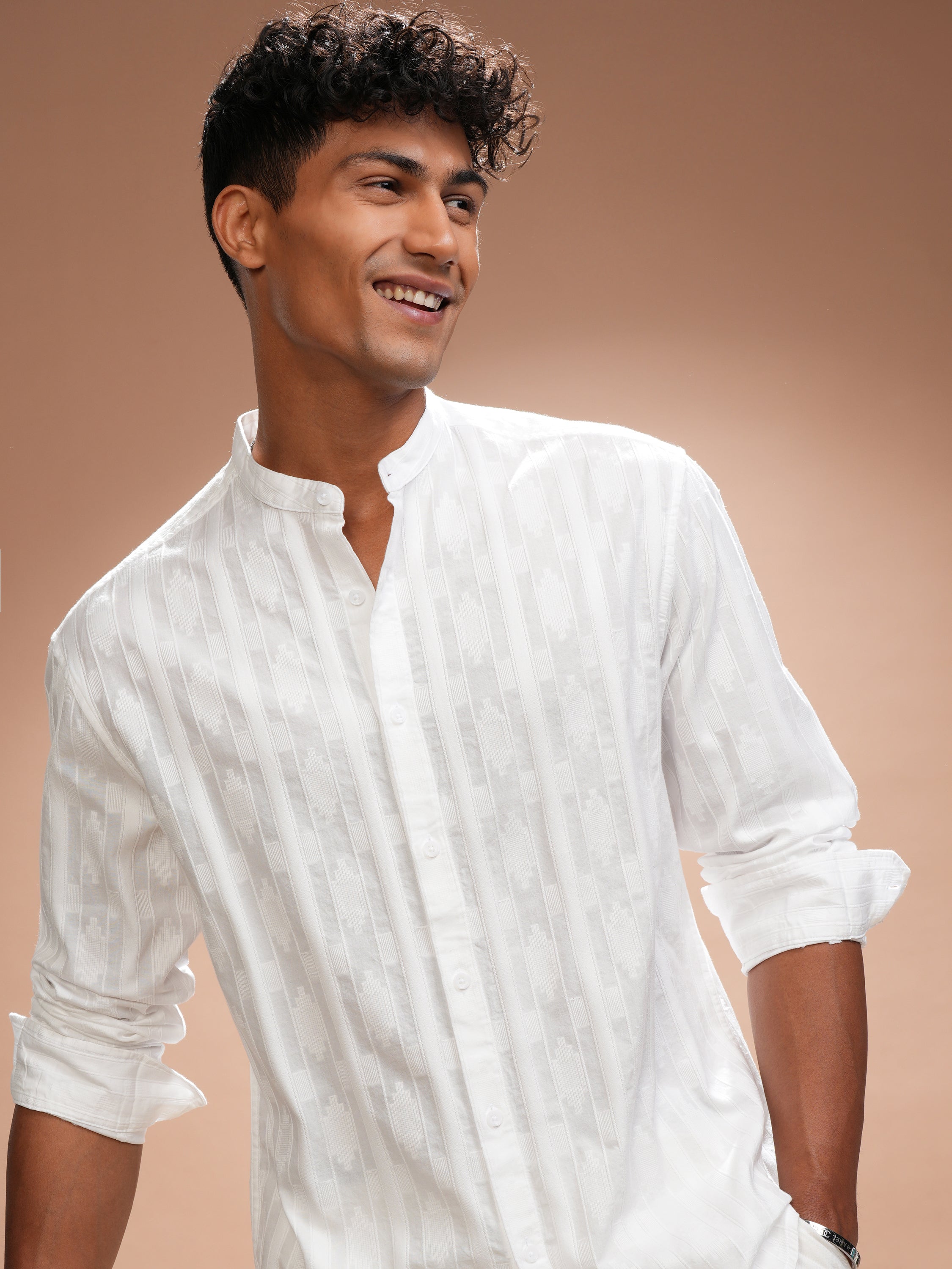 Highlander Men White Self Design Relaxed Fit Casual Shirt - White - Image 1