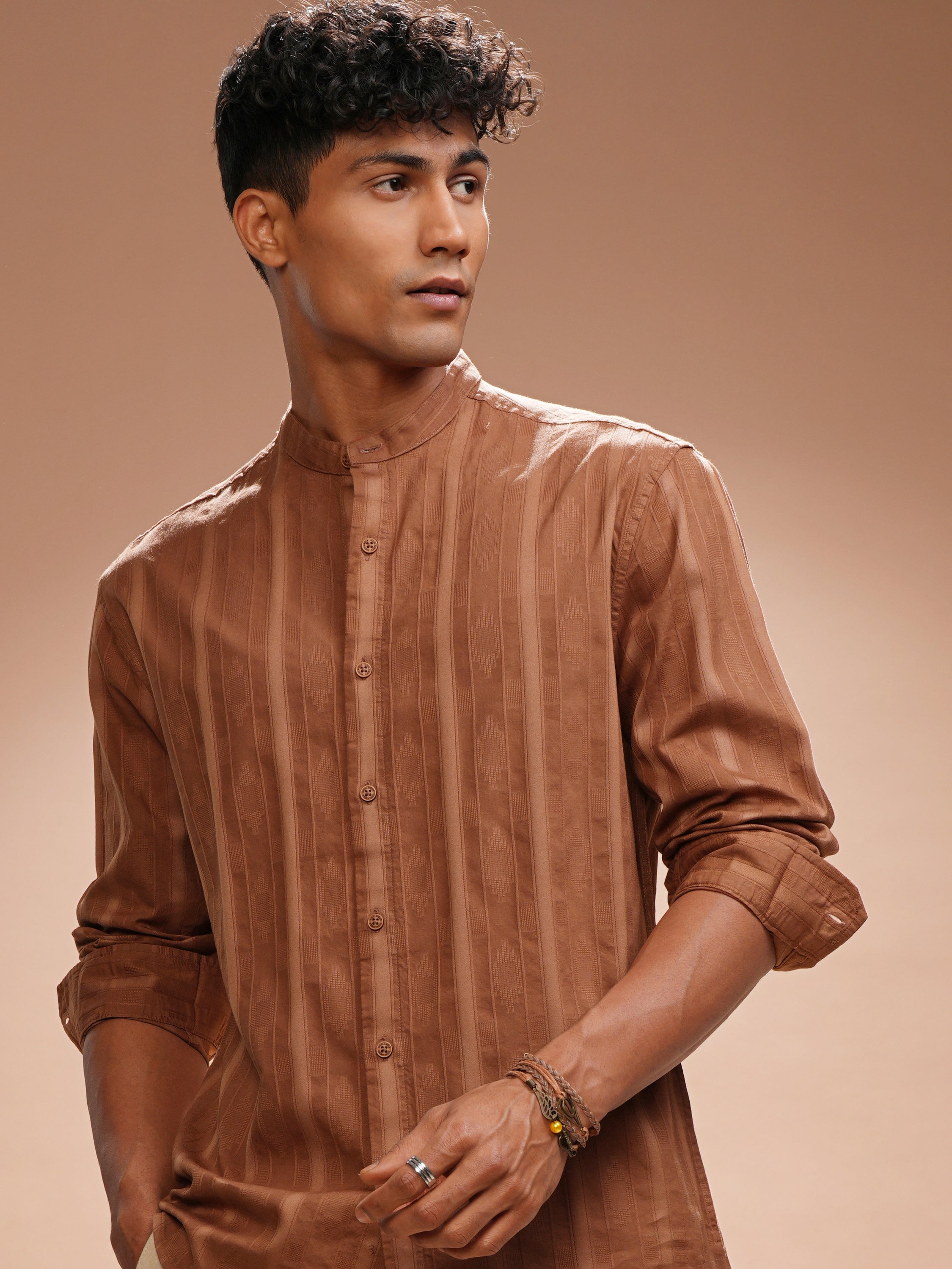 Highlander Men Rust Self Design Relaxed Fit Casual Shirt - Rust - Image 1