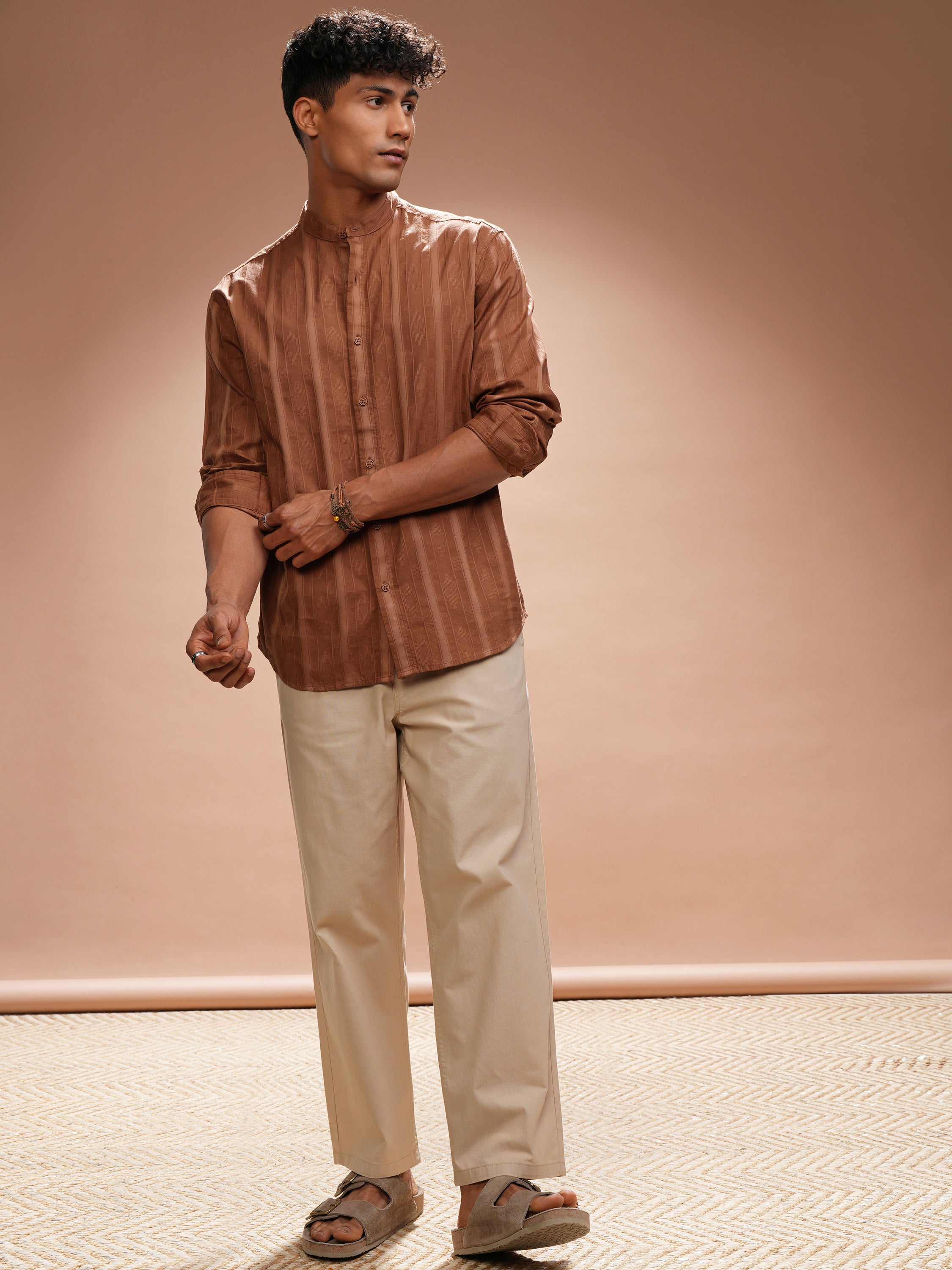 Highlander Men Rust Self Design Relaxed Fit Casual Shirt - Rust - Image 2