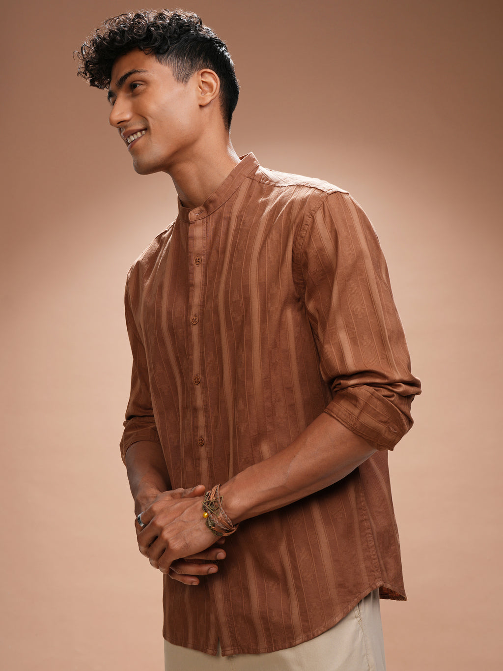 Highlander Men Rust Self Design Relaxed Fit Casual Shirt - Rust - Image 4