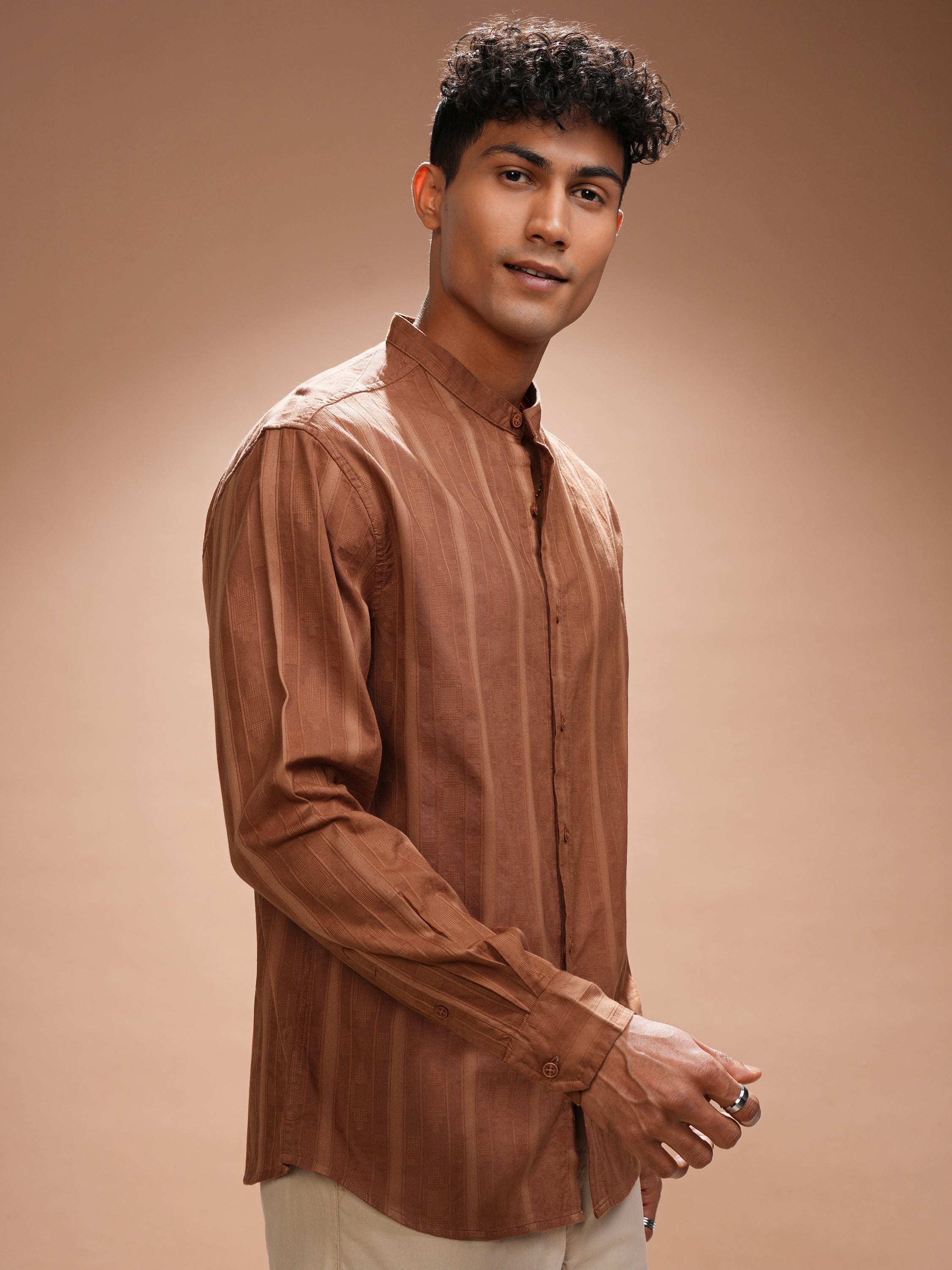Highlander Men Rust Self Design Relaxed Fit Casual Shirt - Rust - Image 6