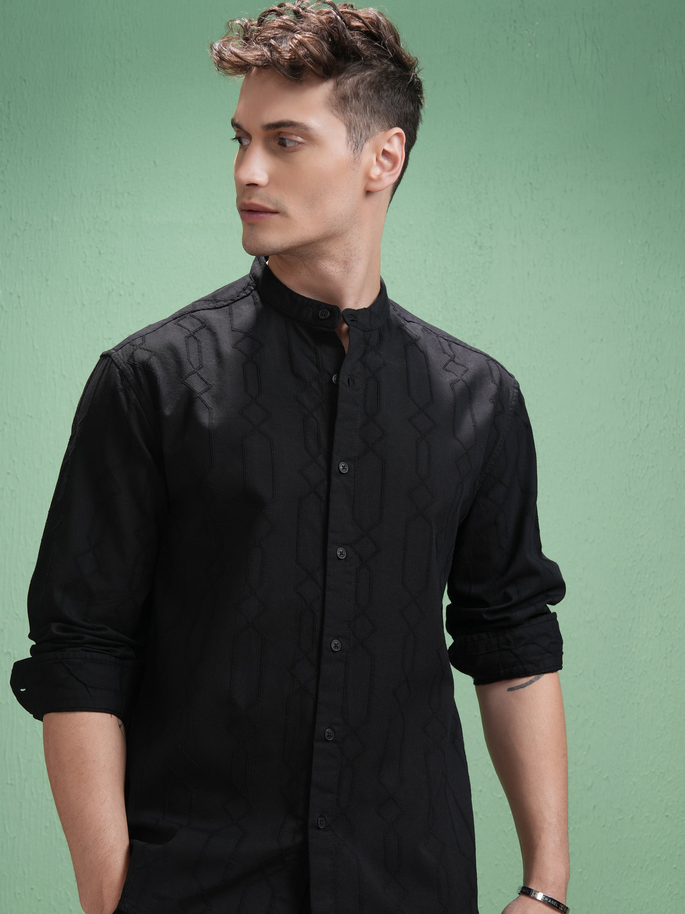 Highlander Men Black Embroidered Relaxed Fit Casual Shirt - Black - Image 1
