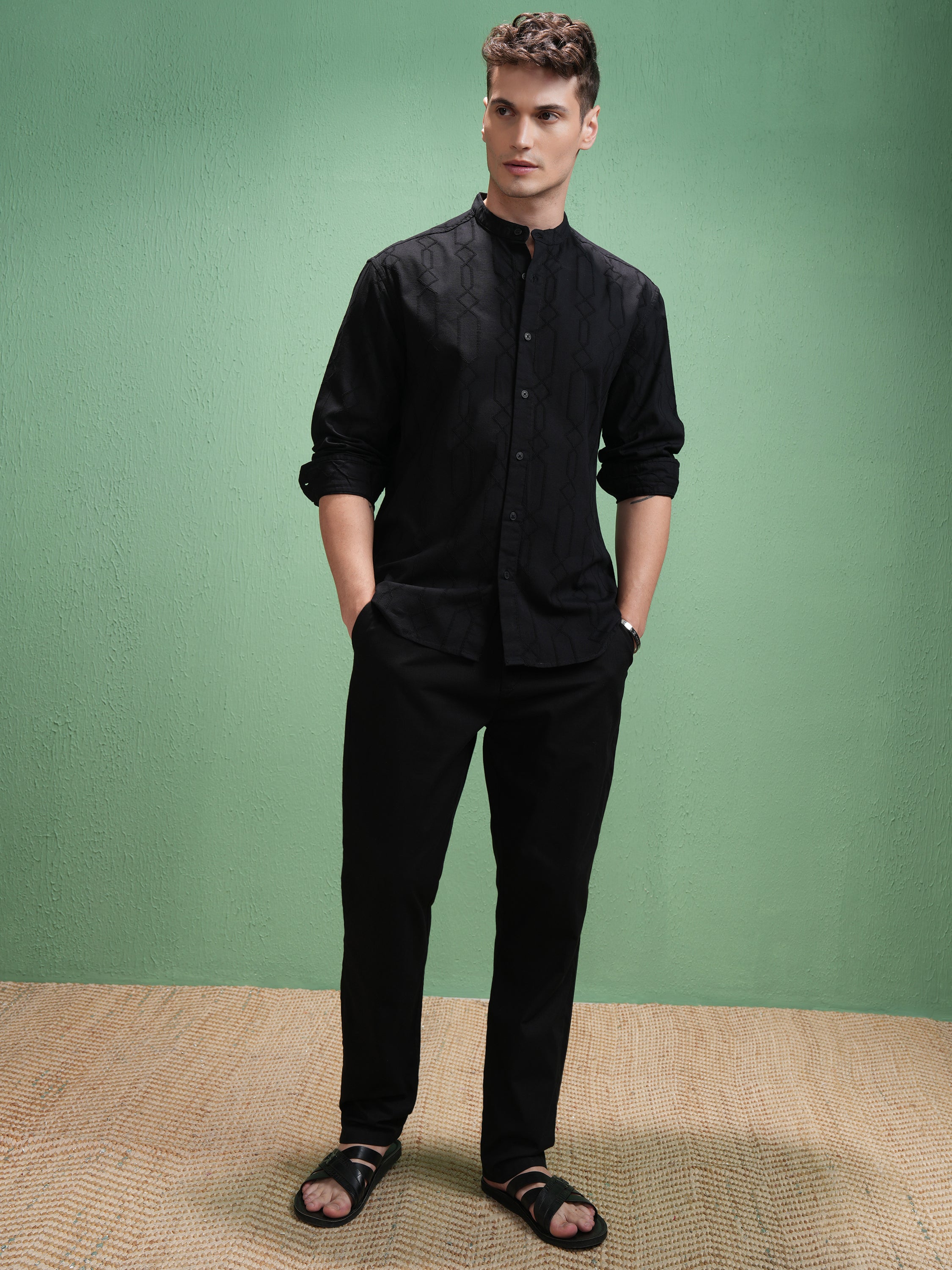 Highlander Men Black Embroidered Relaxed Fit Casual Shirt - Black - Image 2