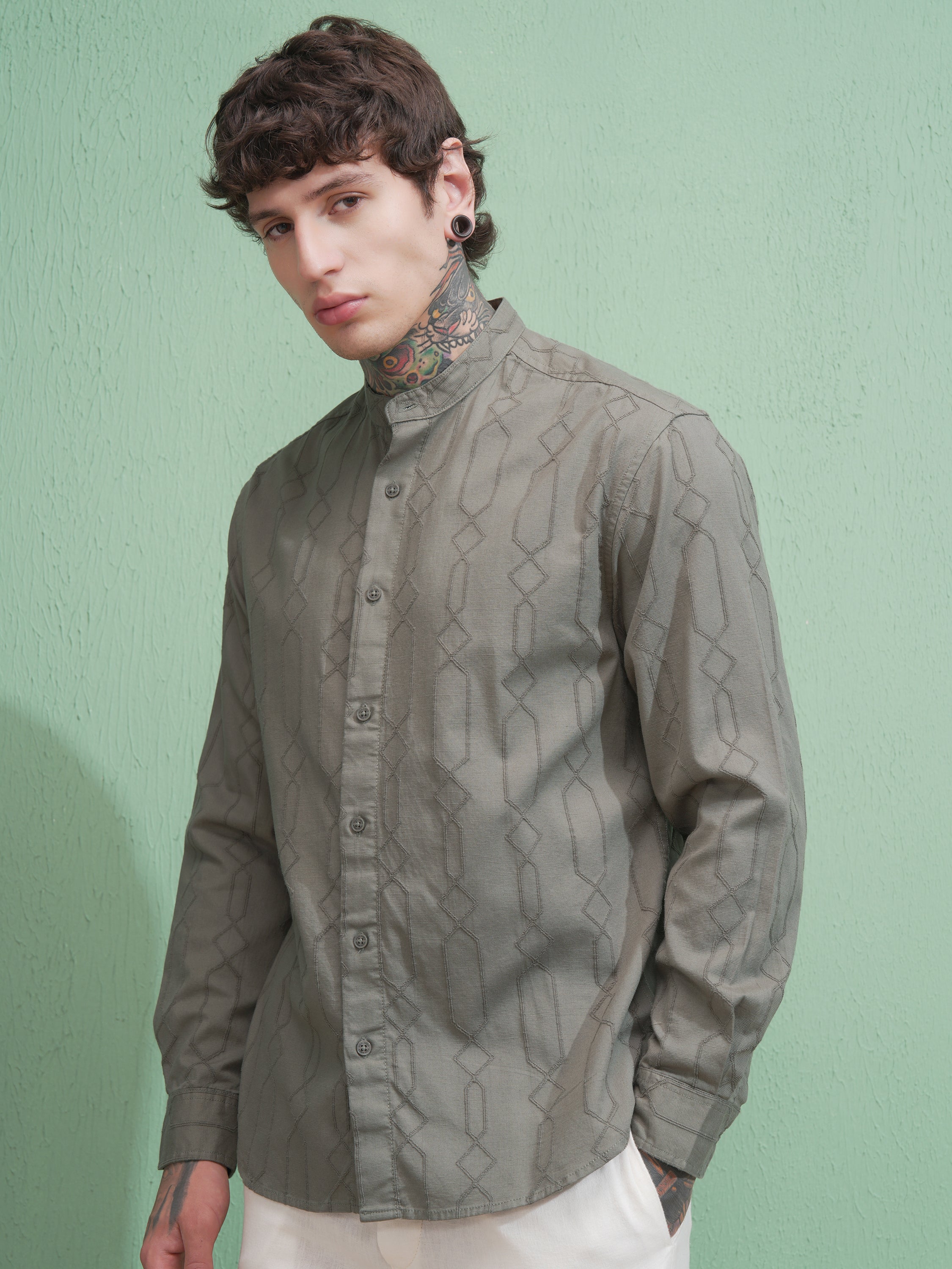 Highlander Men Green Self Design Relaxed Fit Casual Shirt - Green - Image 4