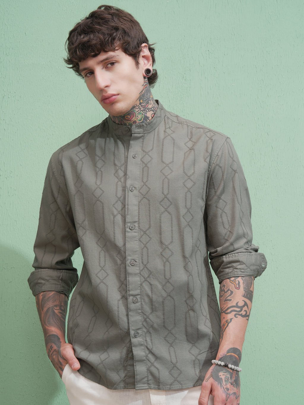 Highlander Men Green Self Design Relaxed Fit Casual Shirt - Green - Image 6