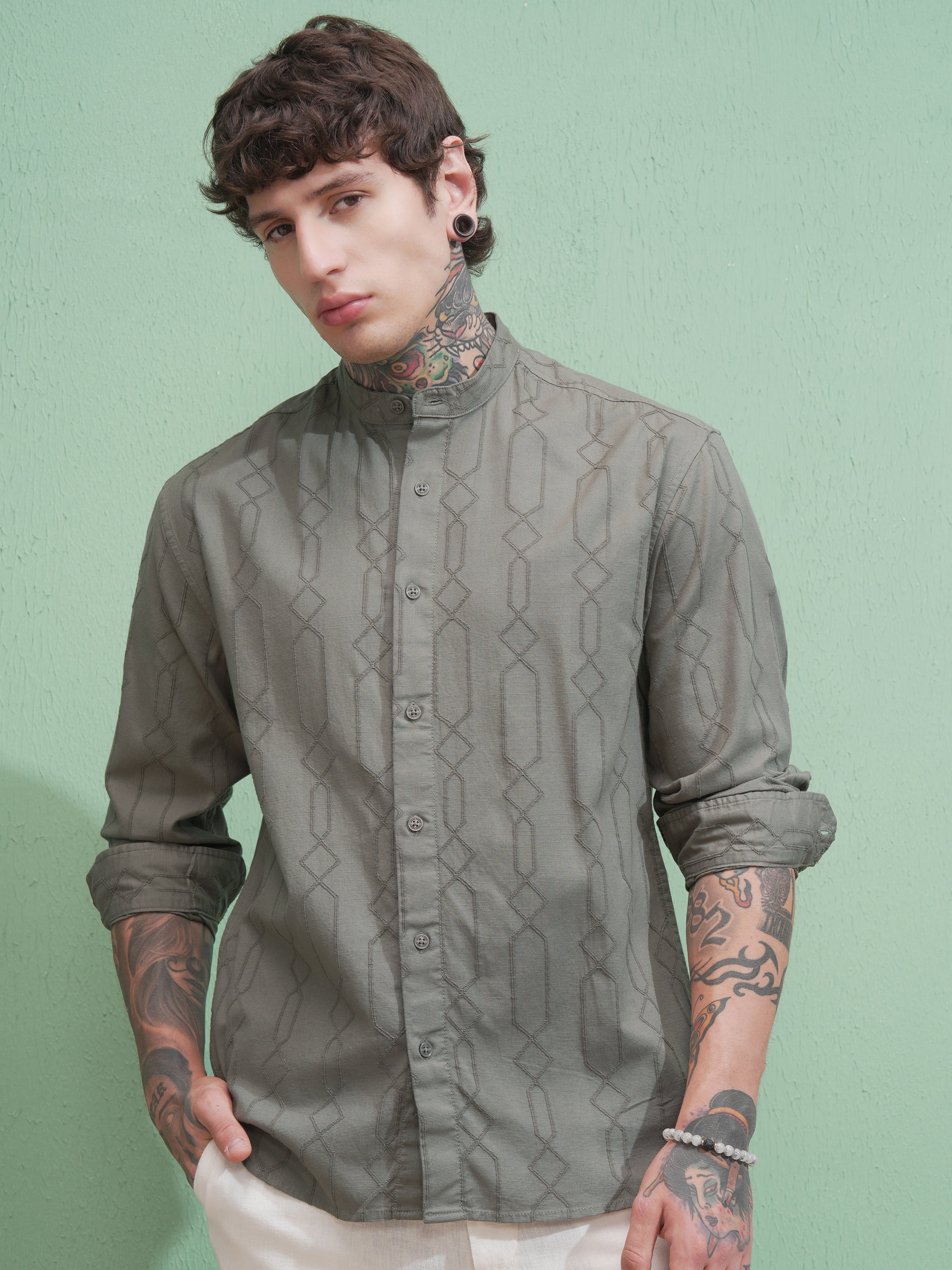 Highlander Men Green Self Design Relaxed Fit Casual Shirt - Green - Image 6