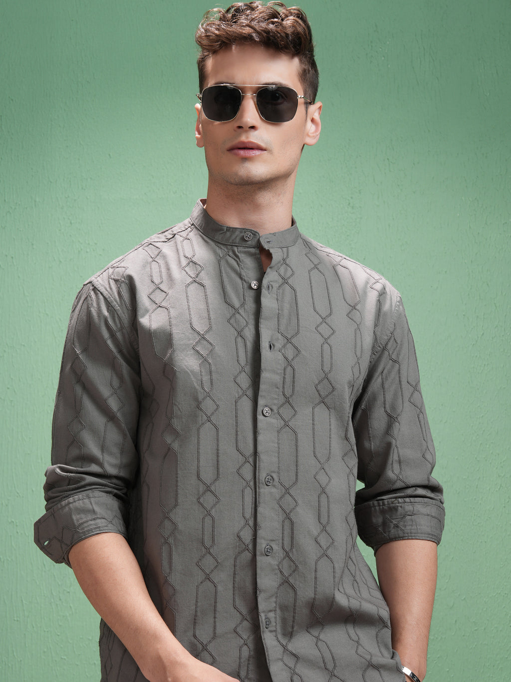 Highlander Men Grey Embroidered Relaxed Fit Casual Shirt - Grey - Image 1