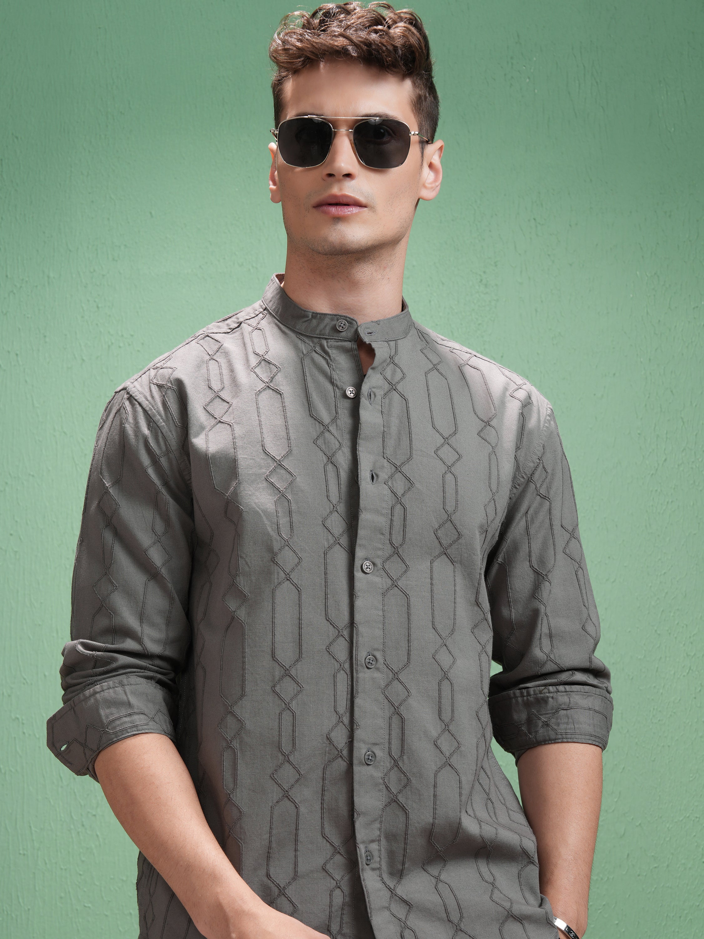 Highlander Men Grey Embroidered Relaxed Fit Casual Shirt - Grey - Image 1