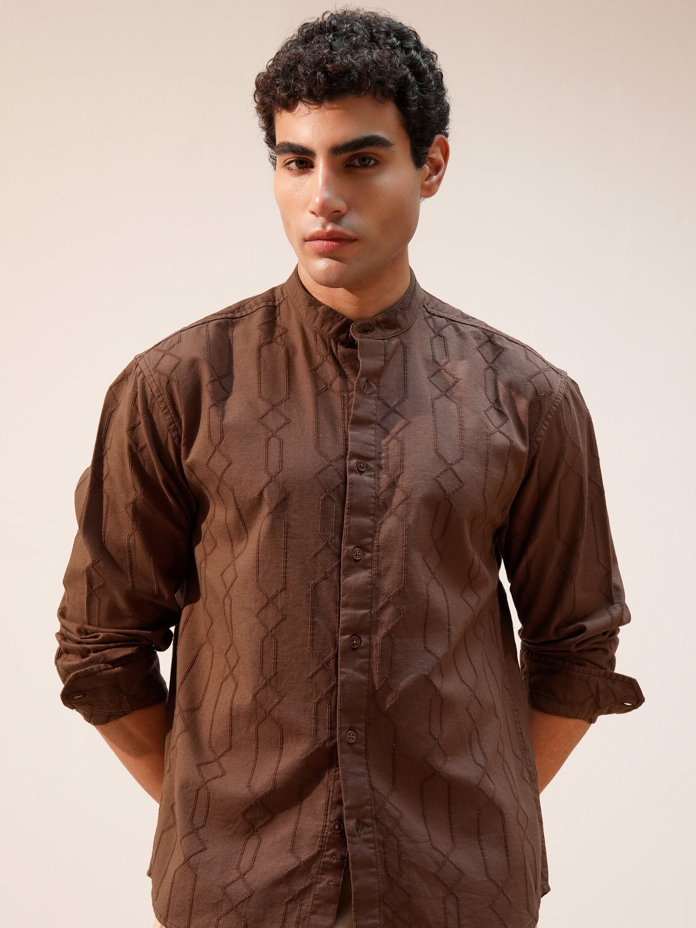 Highlander Men Brown Self Design Relaxed Fit Casual Shirt - Brown - Image 1