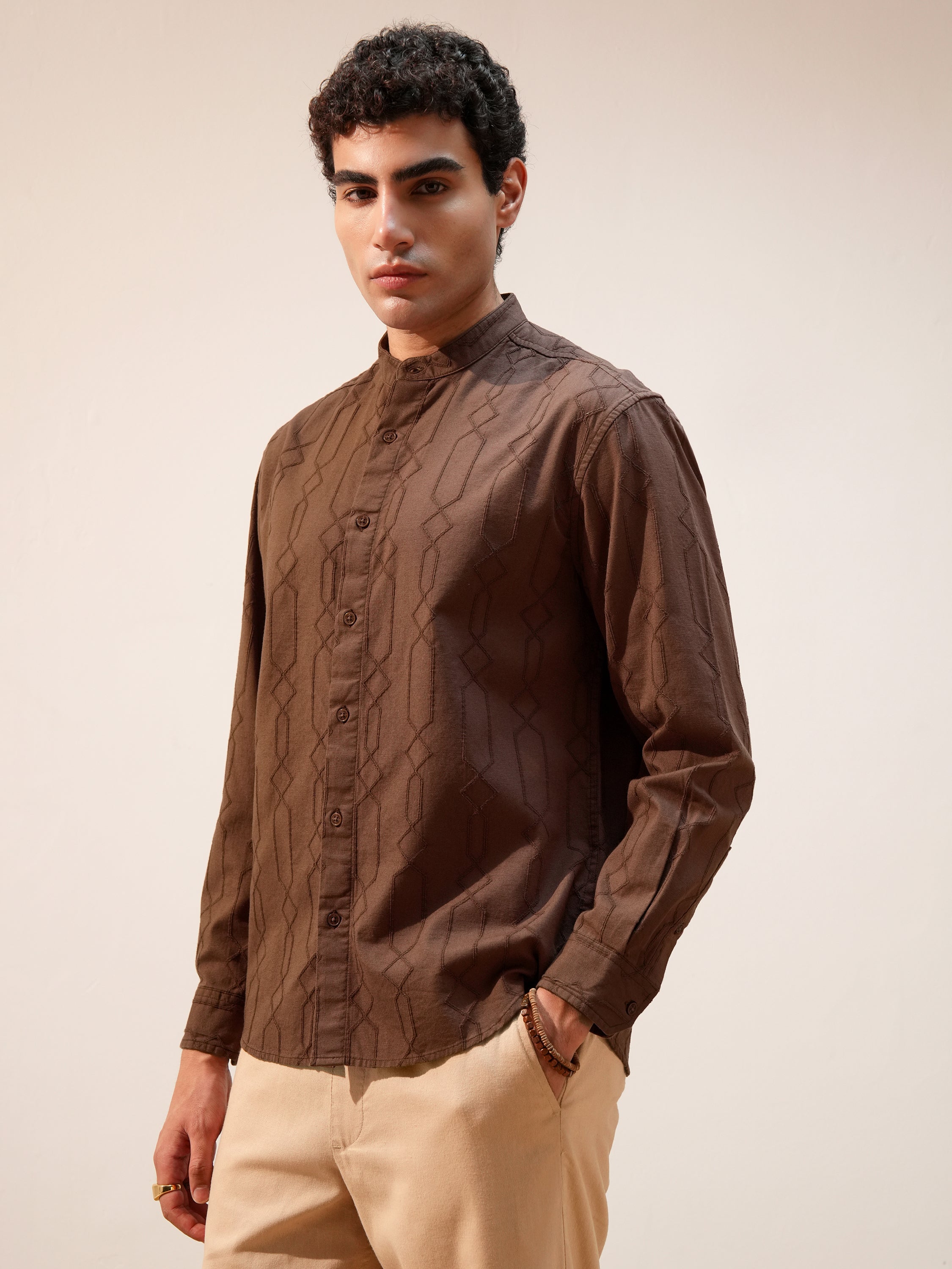 Highlander Men Brown Self Design Relaxed Fit Casual Shirt - Brown - Image 4
