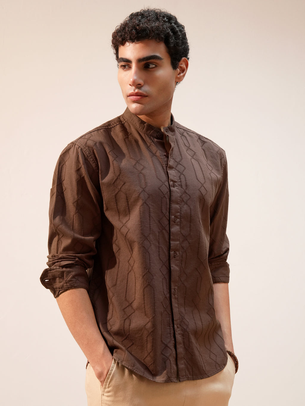 Highlander Men Brown Self Design Relaxed Fit Casual Shirt - Brown - Image 6