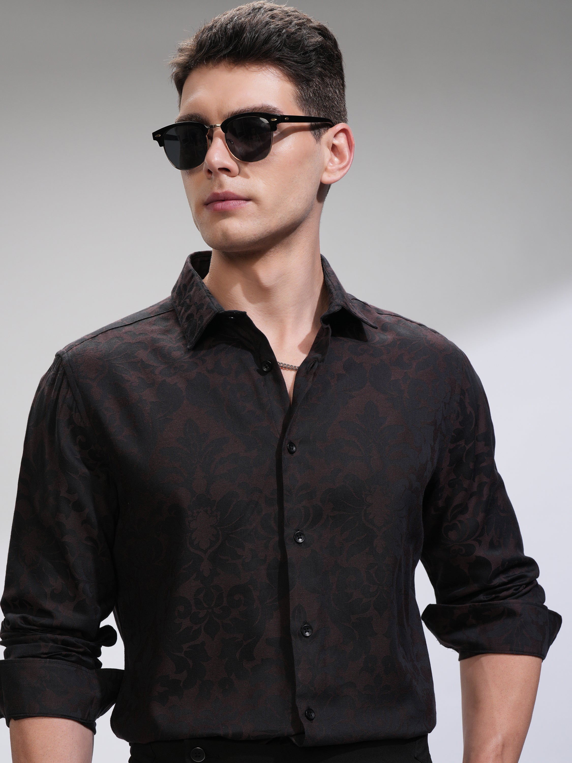 Highlander Men Black Self Design Slim Fit Casual Shirt - Black - Image 1