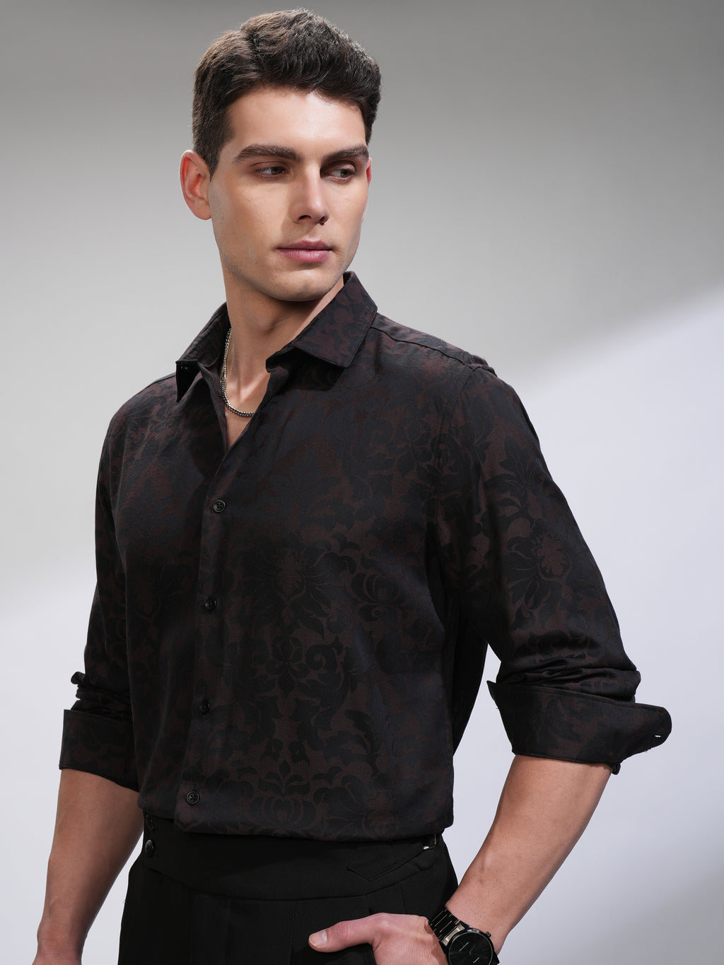 Highlander Men Black Self Design Slim Fit Casual Shirt - Black - Image 4