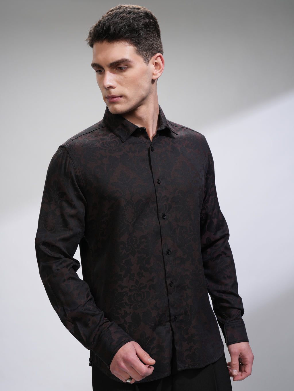Highlander Men Black Self Design Slim Fit Casual Shirt - Black - Image 6