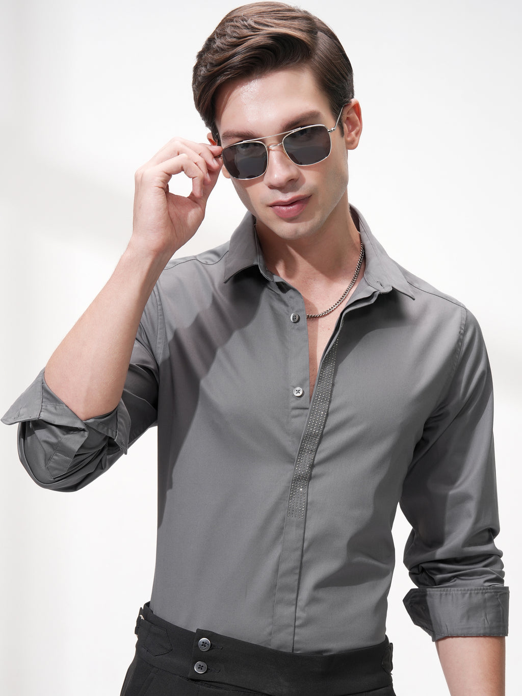 Highlander Men Grey Self Design Slim Fit Casual Shirt - Grey - Image 1