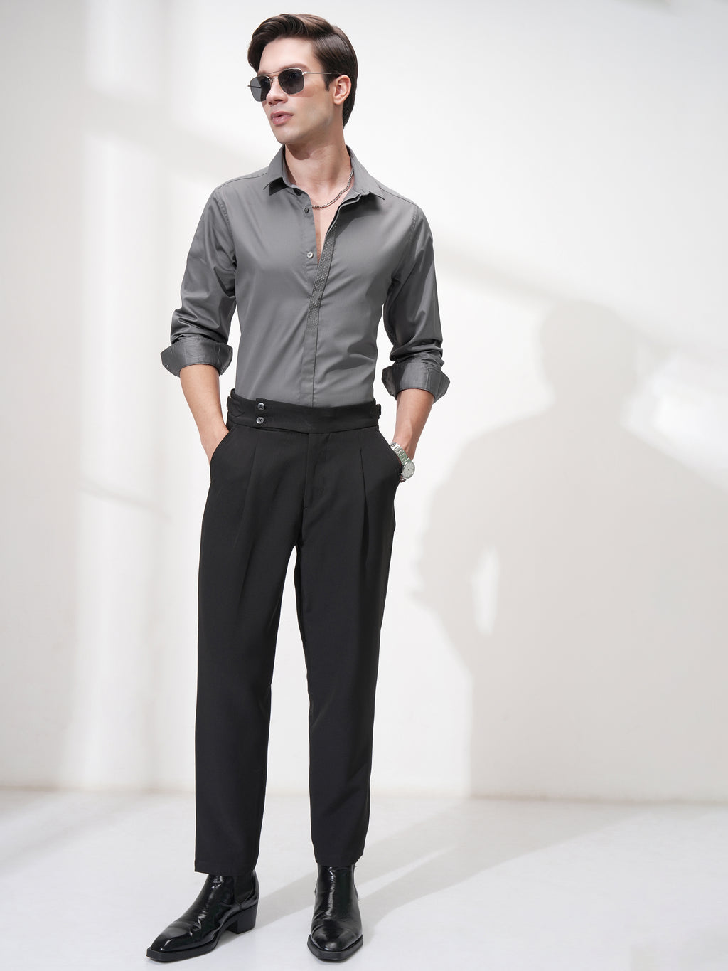 Highlander Men Grey Self Design Slim Fit Casual Shirt - Grey - Image 2