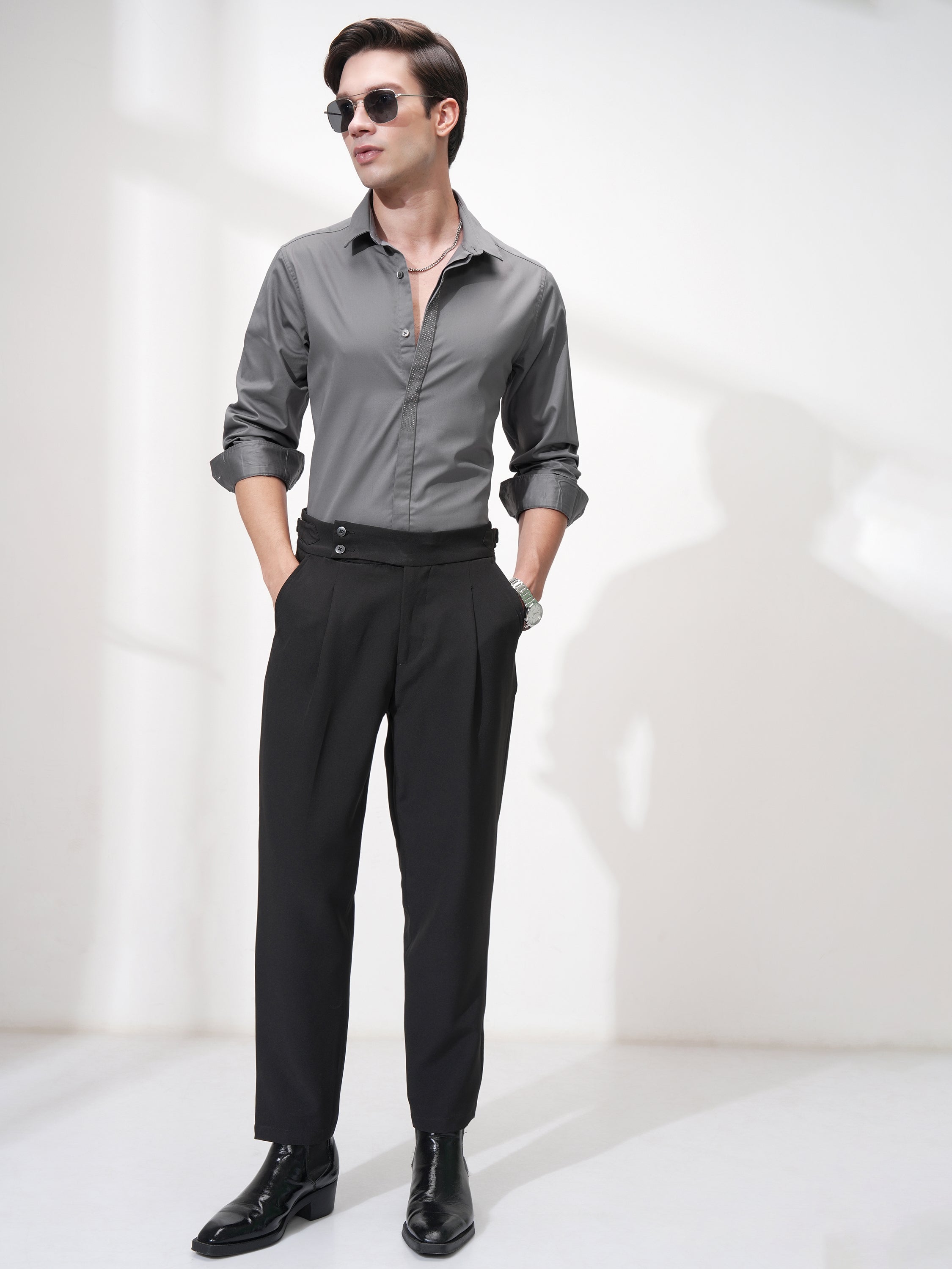 Highlander Men Grey Self Design Slim Fit Casual Shirt - Grey - Image 2