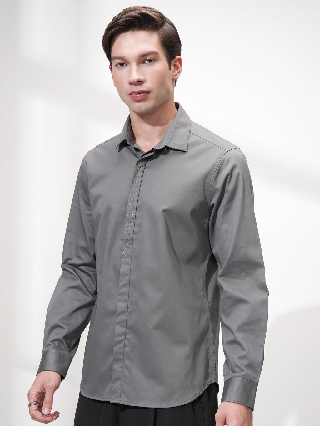 Highlander Men Grey Self Design Slim Fit Casual Shirt - Grey - Image 4