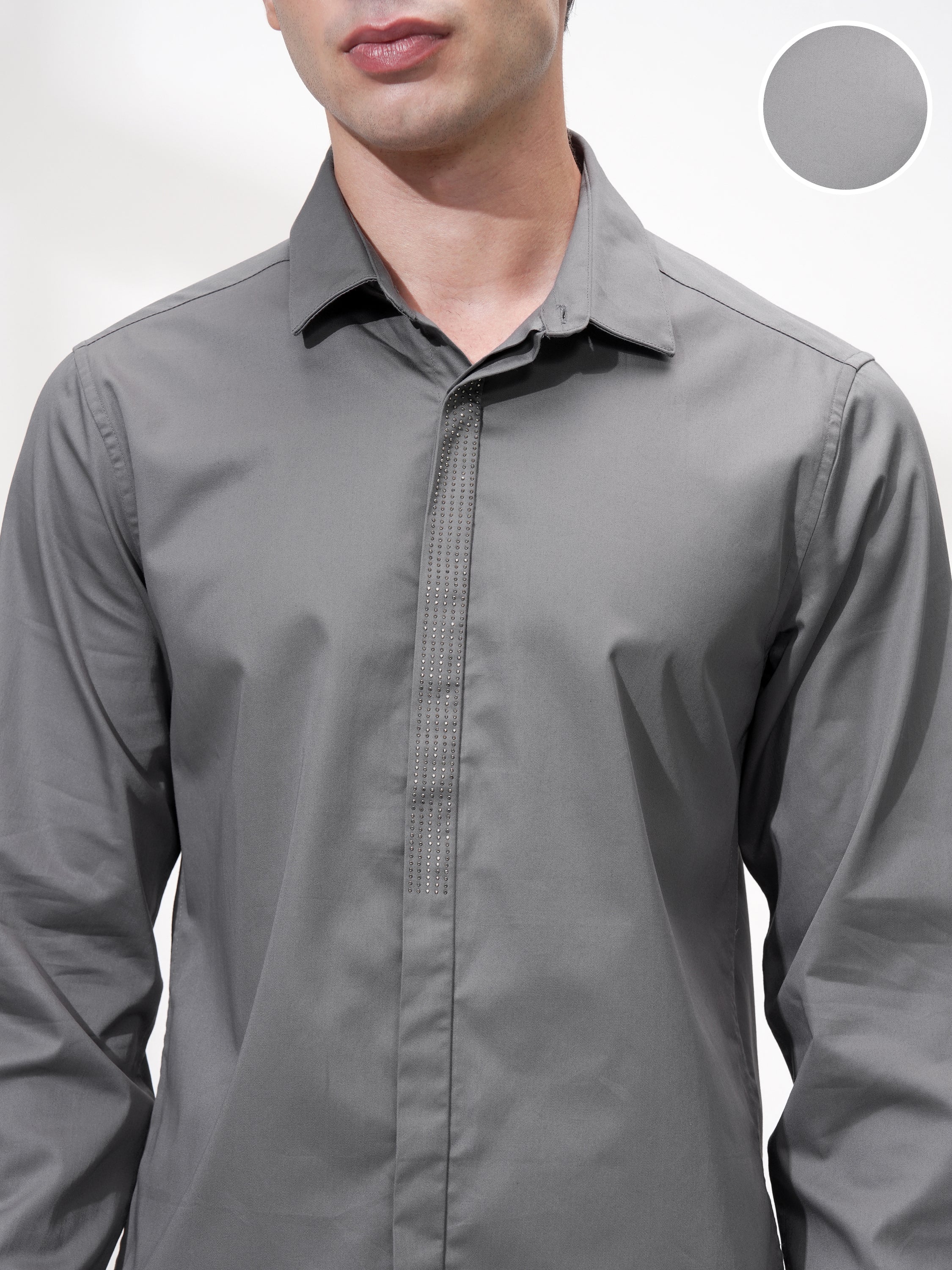 Highlander Men Grey Self Design Slim Fit Casual Shirt - Grey - Image 5