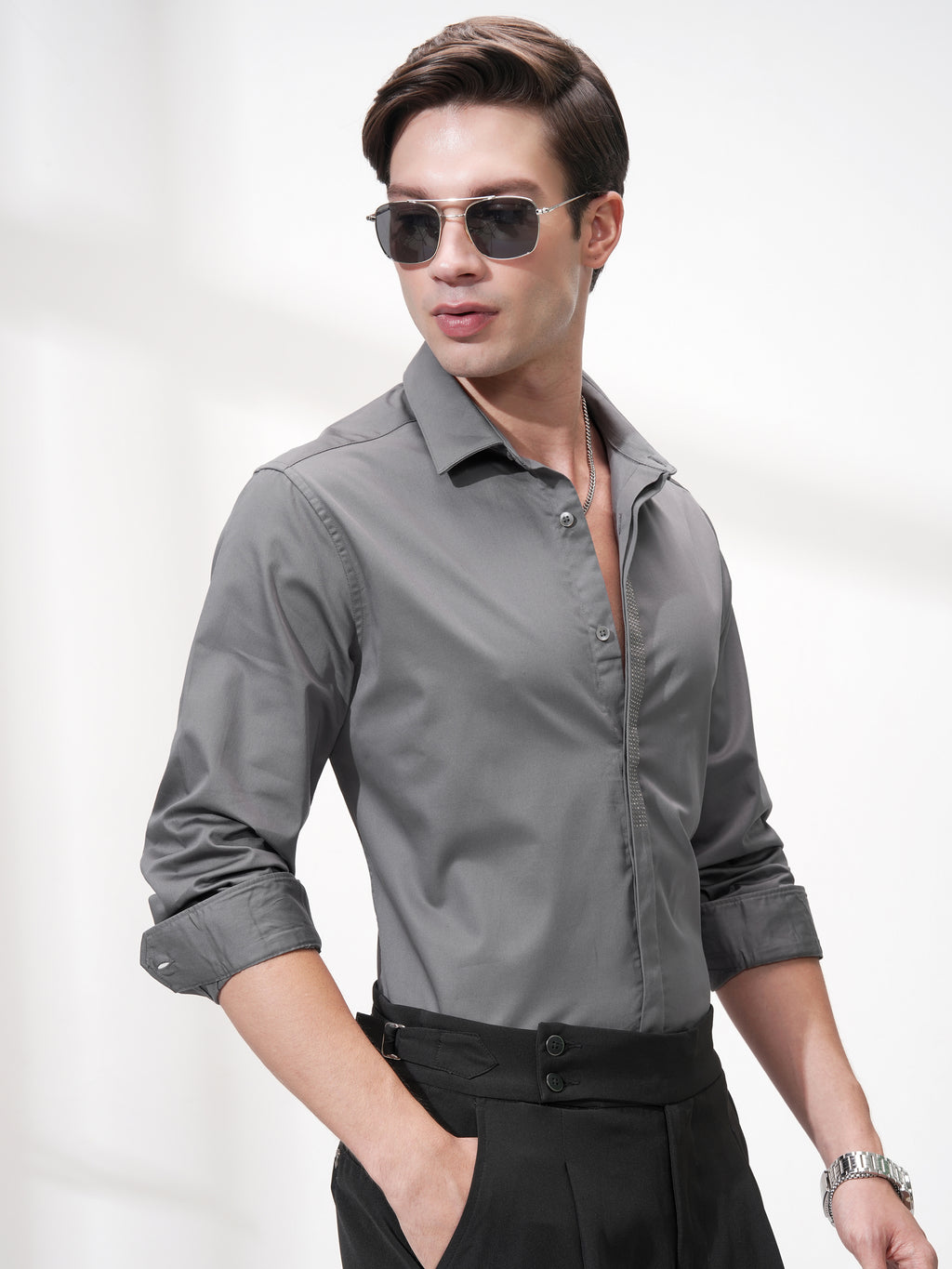 Highlander Men Grey Self Design Slim Fit Casual Shirt - Grey - Image 6