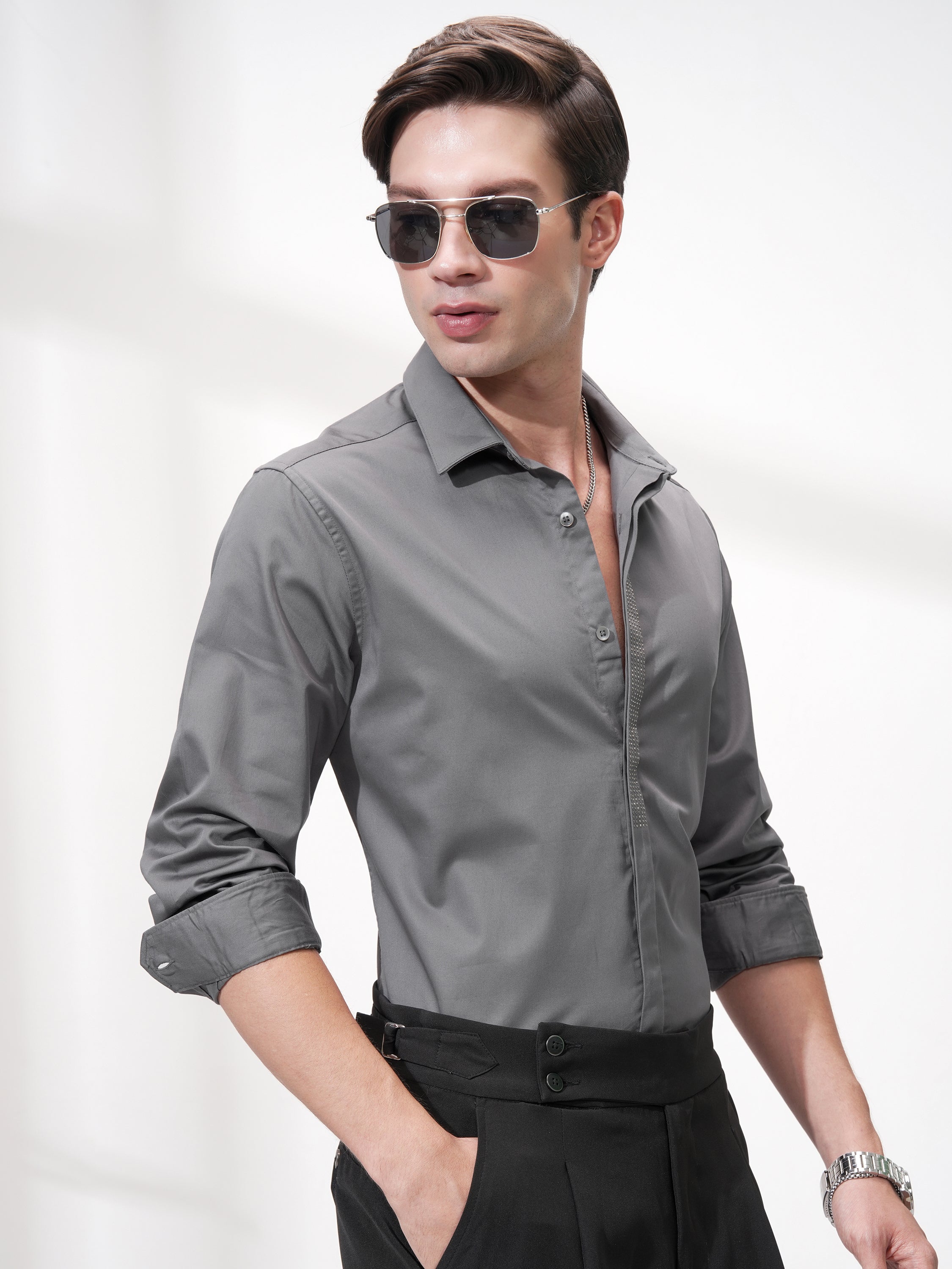 Highlander Men Grey Self Design Slim Fit Casual Shirt - Grey - Image 6